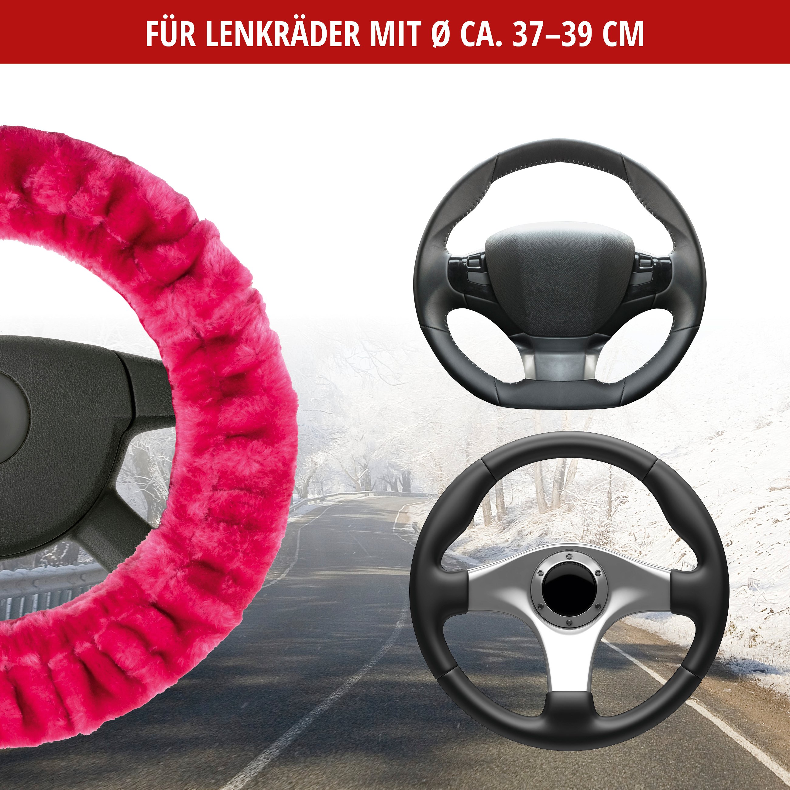 Lenkradhülle Teddy Plüsch, Vegane Lenkradhülle aus Kunstfell, Plüsch-Lenkradschoner pink