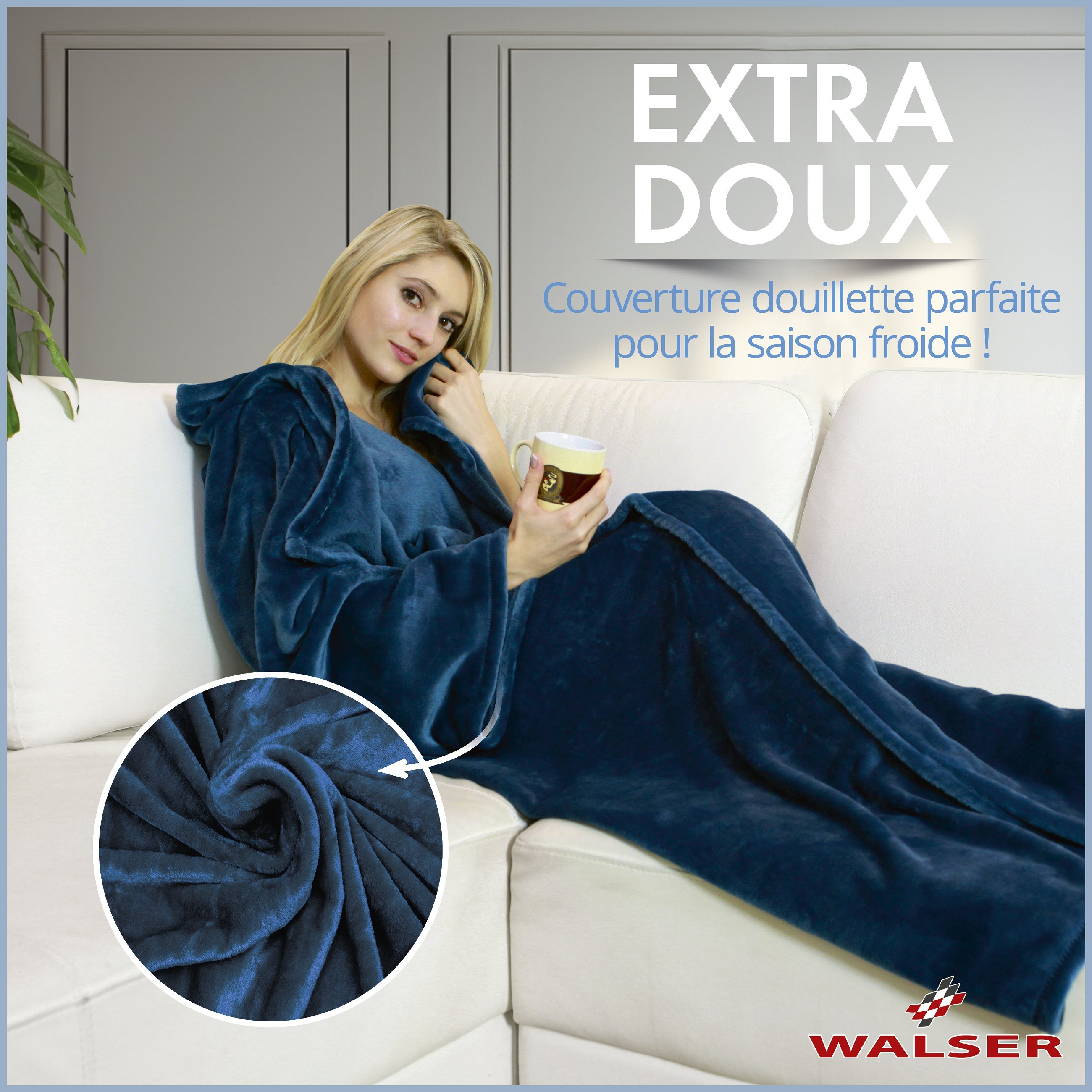 Couverture câline en polaire avec manches XL bleues 170x200cm