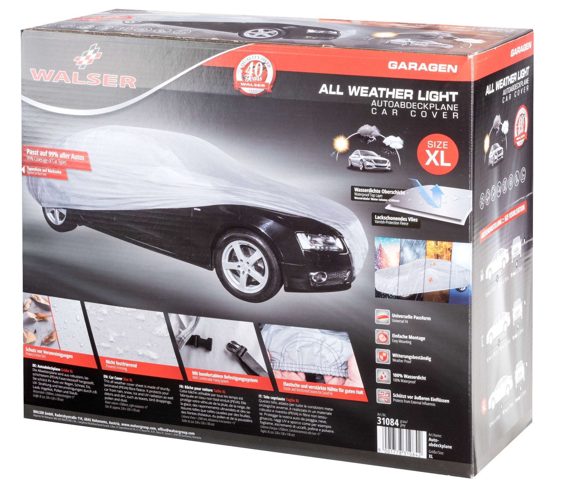 Autoafdekking AllWeather volledige garage maat XL lichtgrijs, waterdichte autogarage, stofdicht met UV-bescherming, versterkte gordelbevestiging