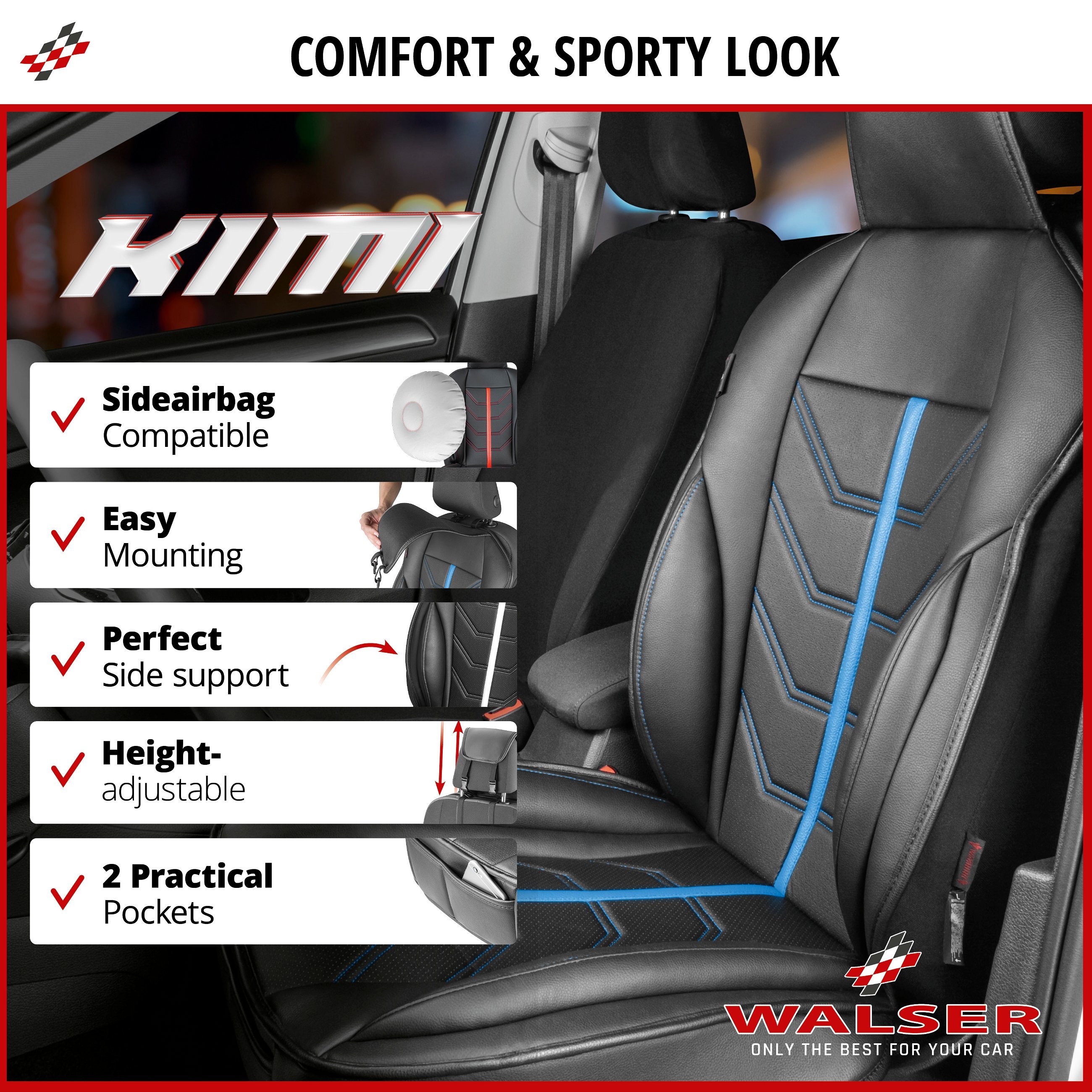 Car Seat cover Kimi, seat protector for cars in racing look black/blue