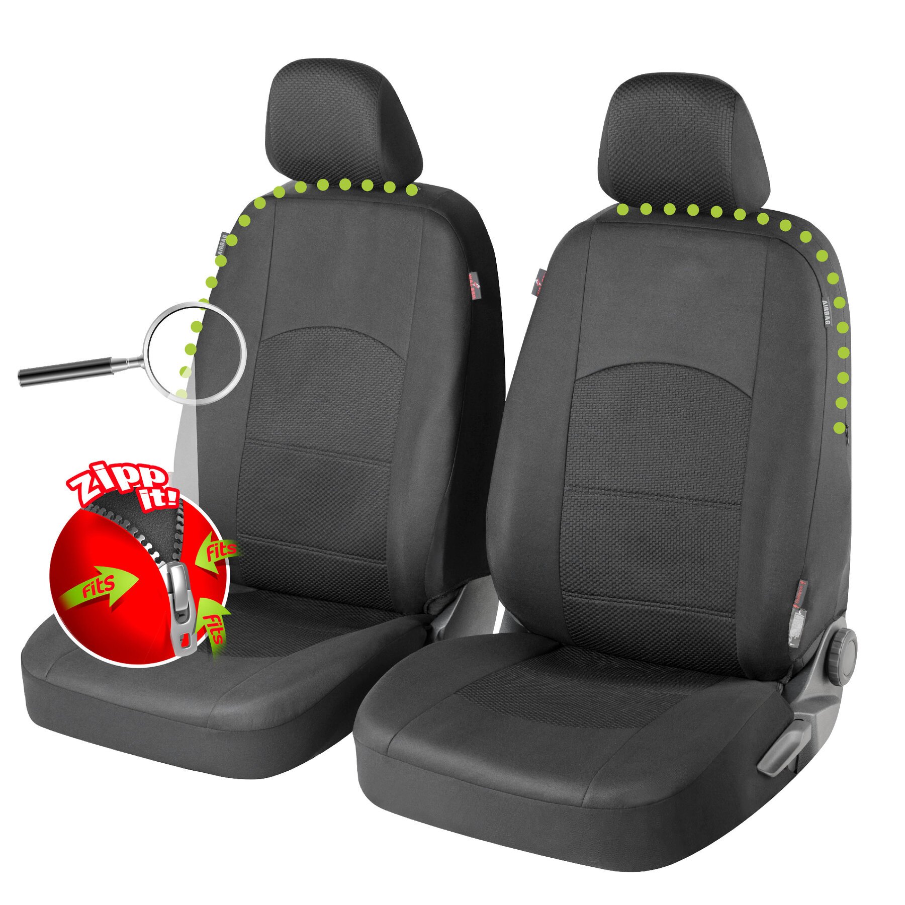 ZIPP-IT Premium Derby Autositzbezüge für zwei Vordersitze mit Reißverschluss System