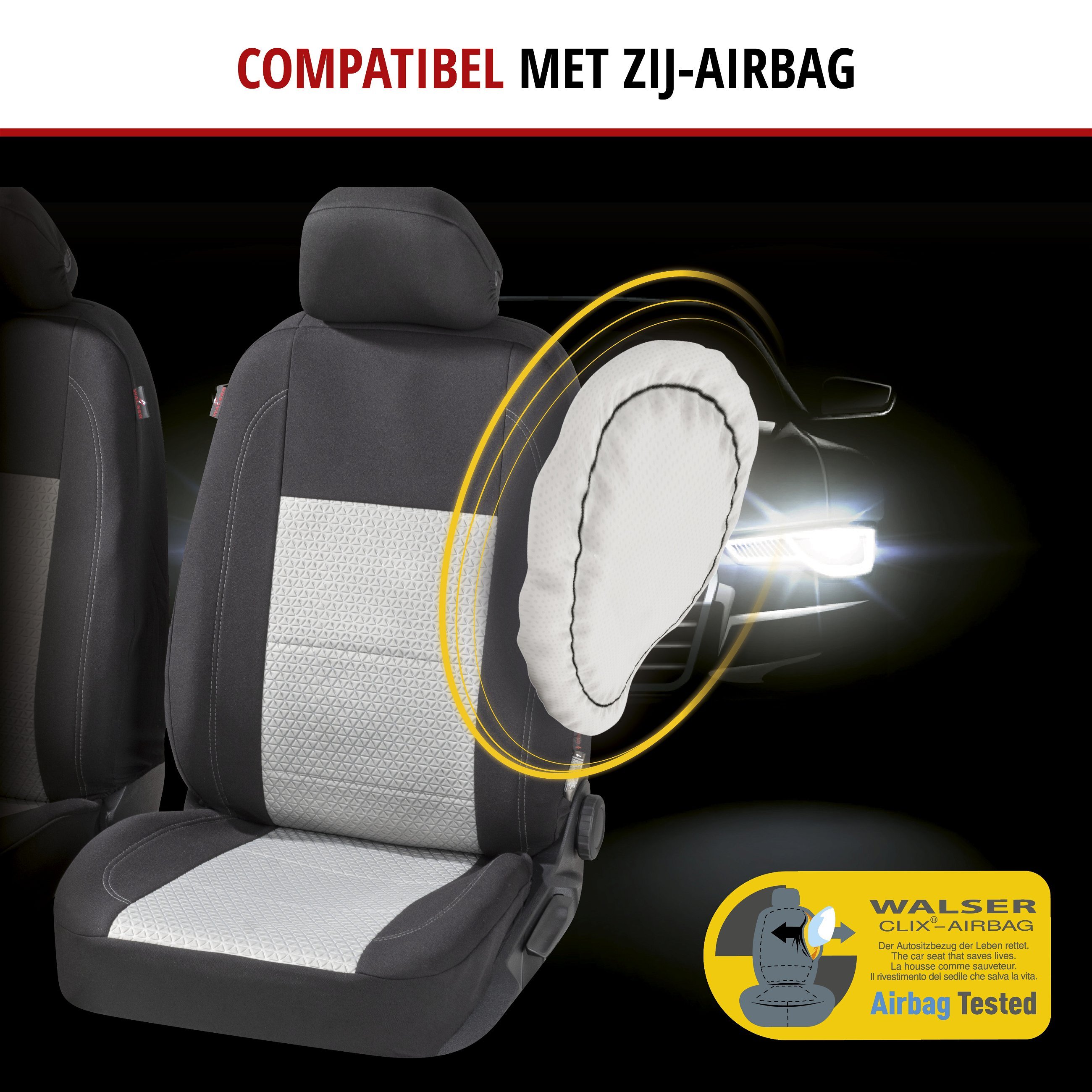 Premium Autostoelbekleding Avignon met Zipper ZIPP-IT, Autostoelhoes set, 2 stoelbeschermer voor voorstoel, 1 stoelbeschermer voor achterbank zwart/silber