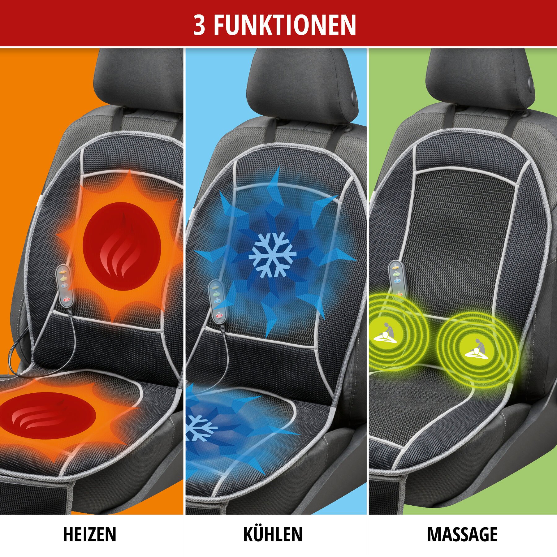 PKW-Sitzauflage CoolHeat, Auto-Sitzaufleger mit Heiz-, Kühl- und Massagefunktion schwarz