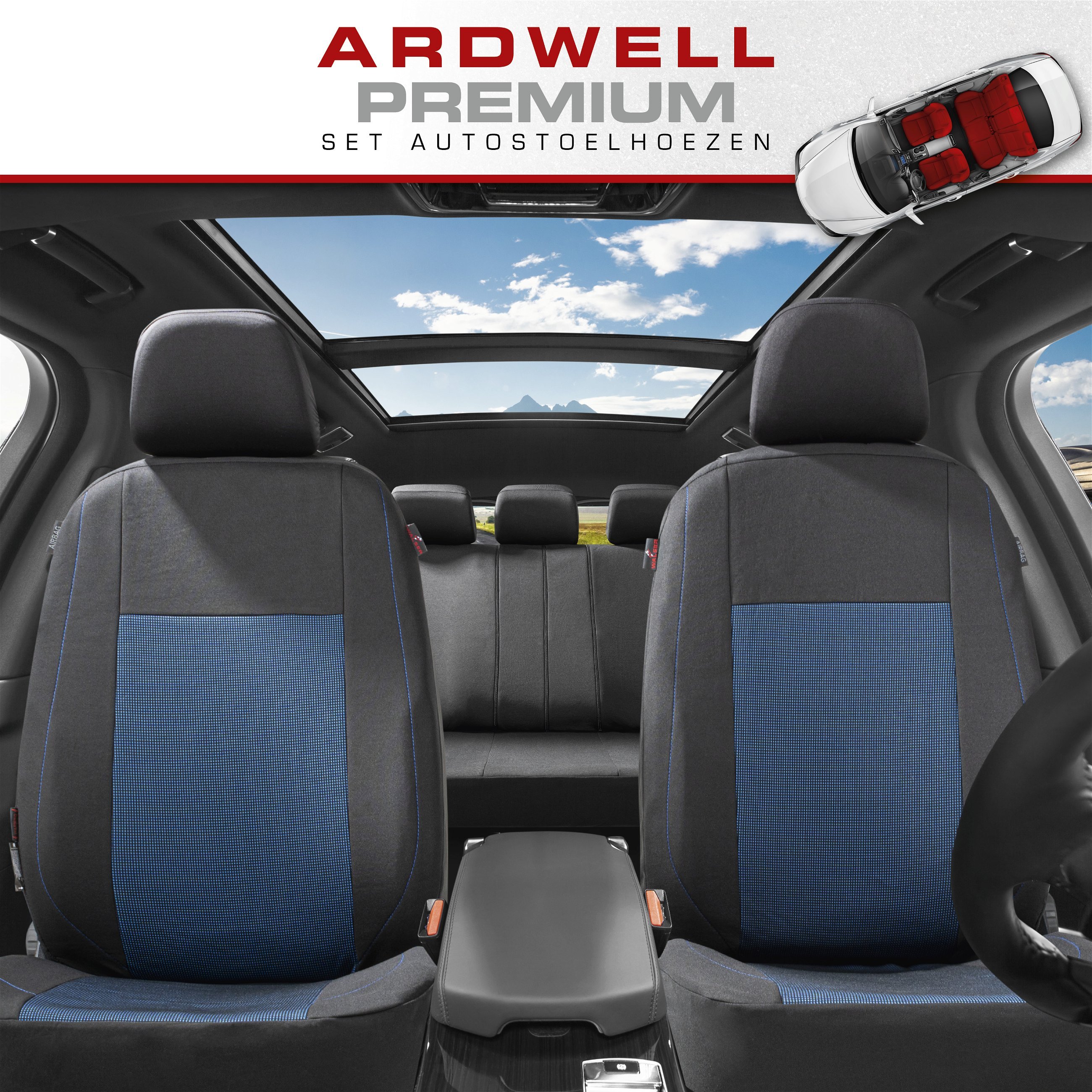 Premium Autostoelbekleding Ardwell met Zipper ZIPP-IT, Autostoelhoes set, 2 stoelbeschermer voor voorstoel, 1 stoelbeschermer voor achterbank zwart/blauw