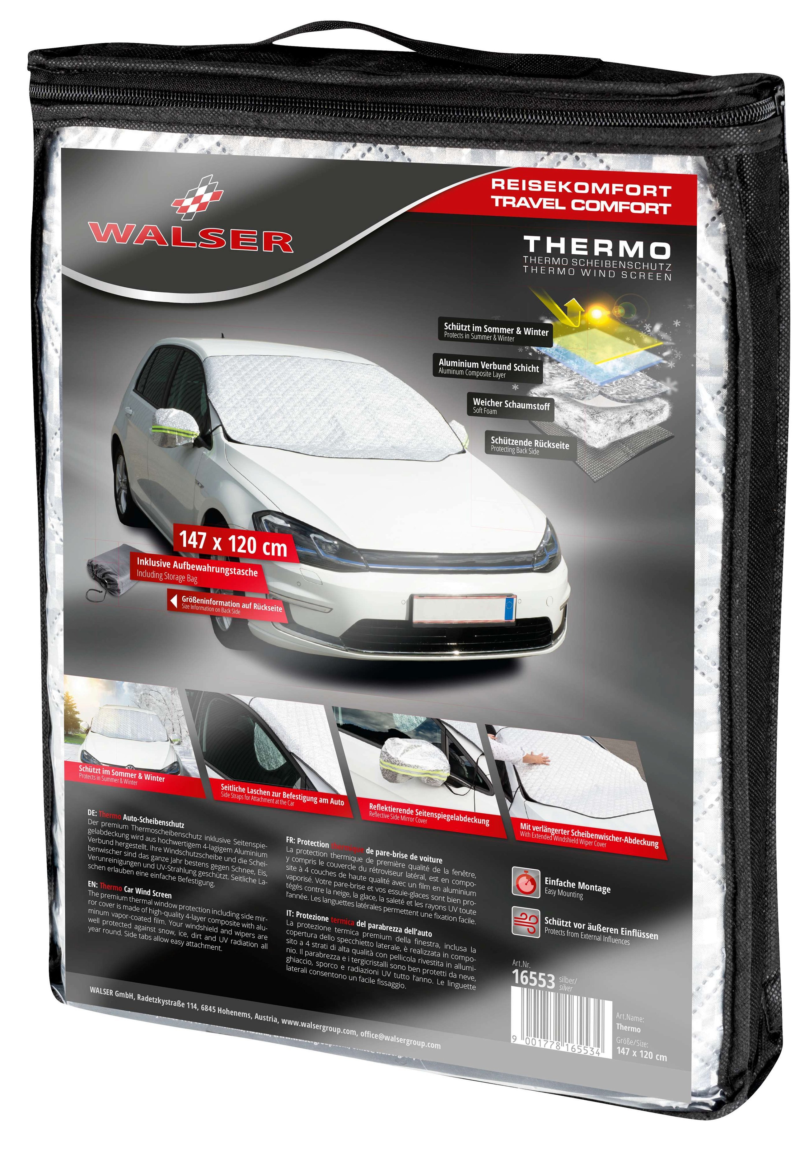 Protection thermique de pare-brise Premium avec couverture de rétroviseur  latéral 147x120 cm, Bâches de protection solaire, Bâches pour voitures