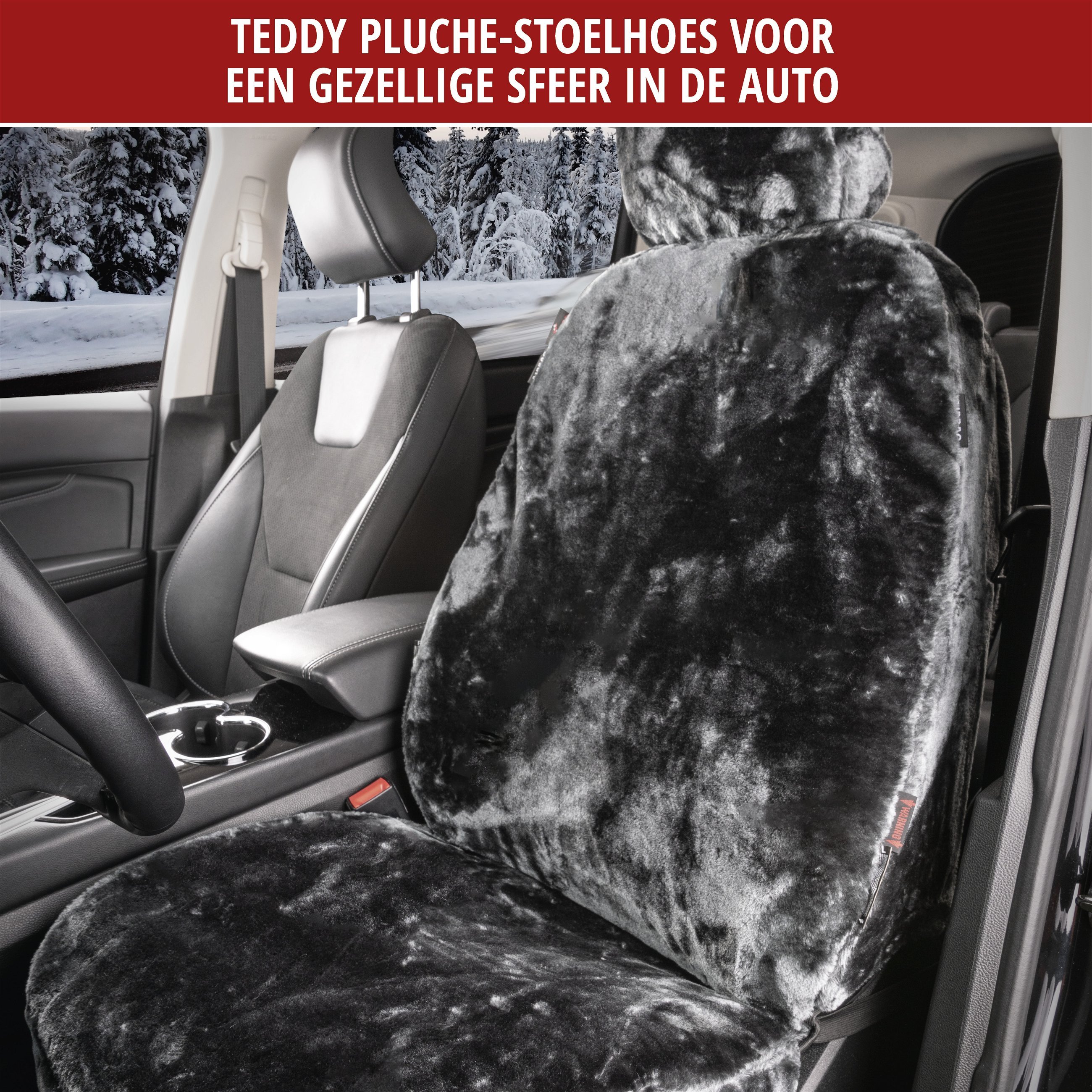 Autostoelhoes teddy, stoelhoes kunstbont, veganistische autohoes in bontoptiek, pluizige stoelhoes vegan antraciet