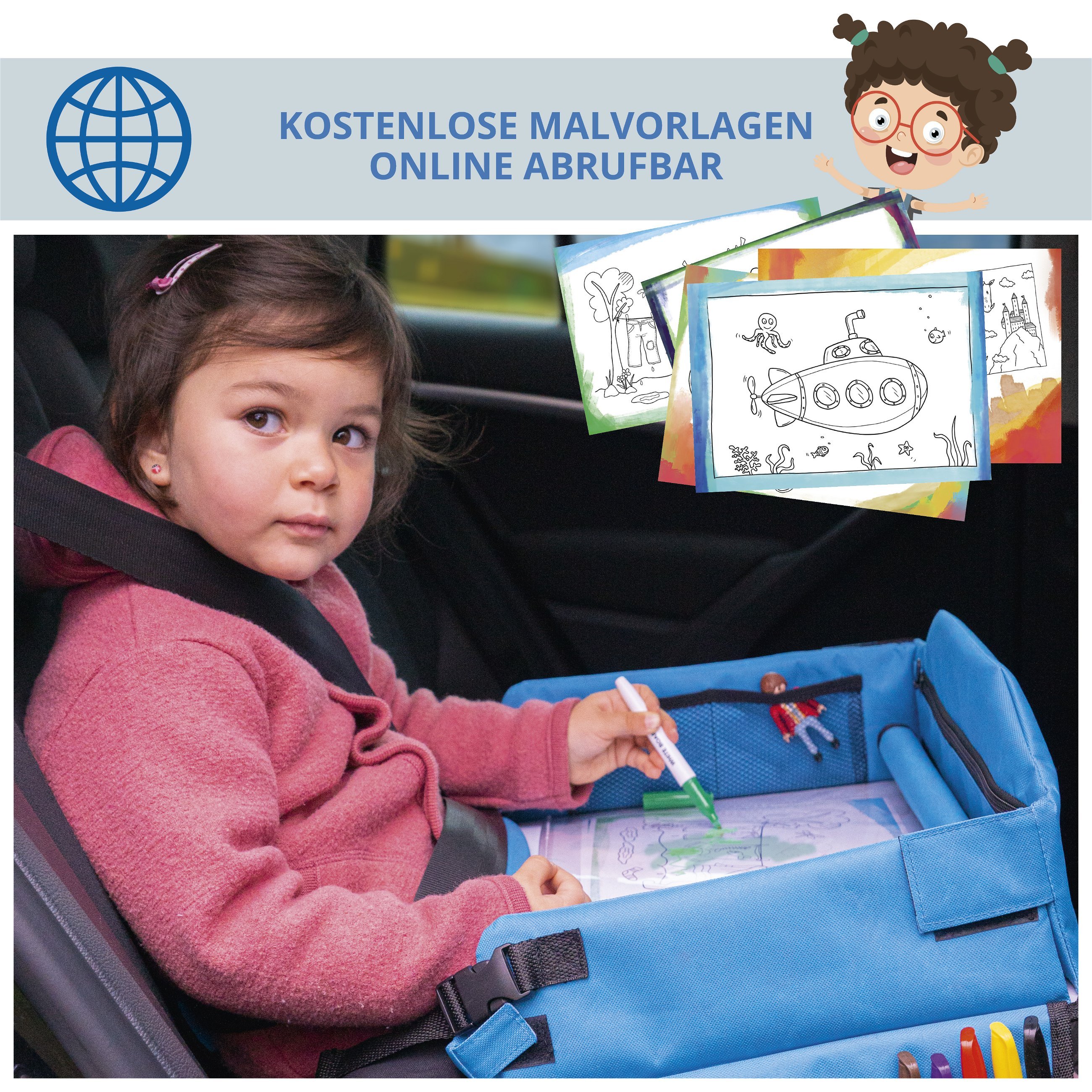 Kinder-Reisespieltisch-Auto mit Tablethalterung blau