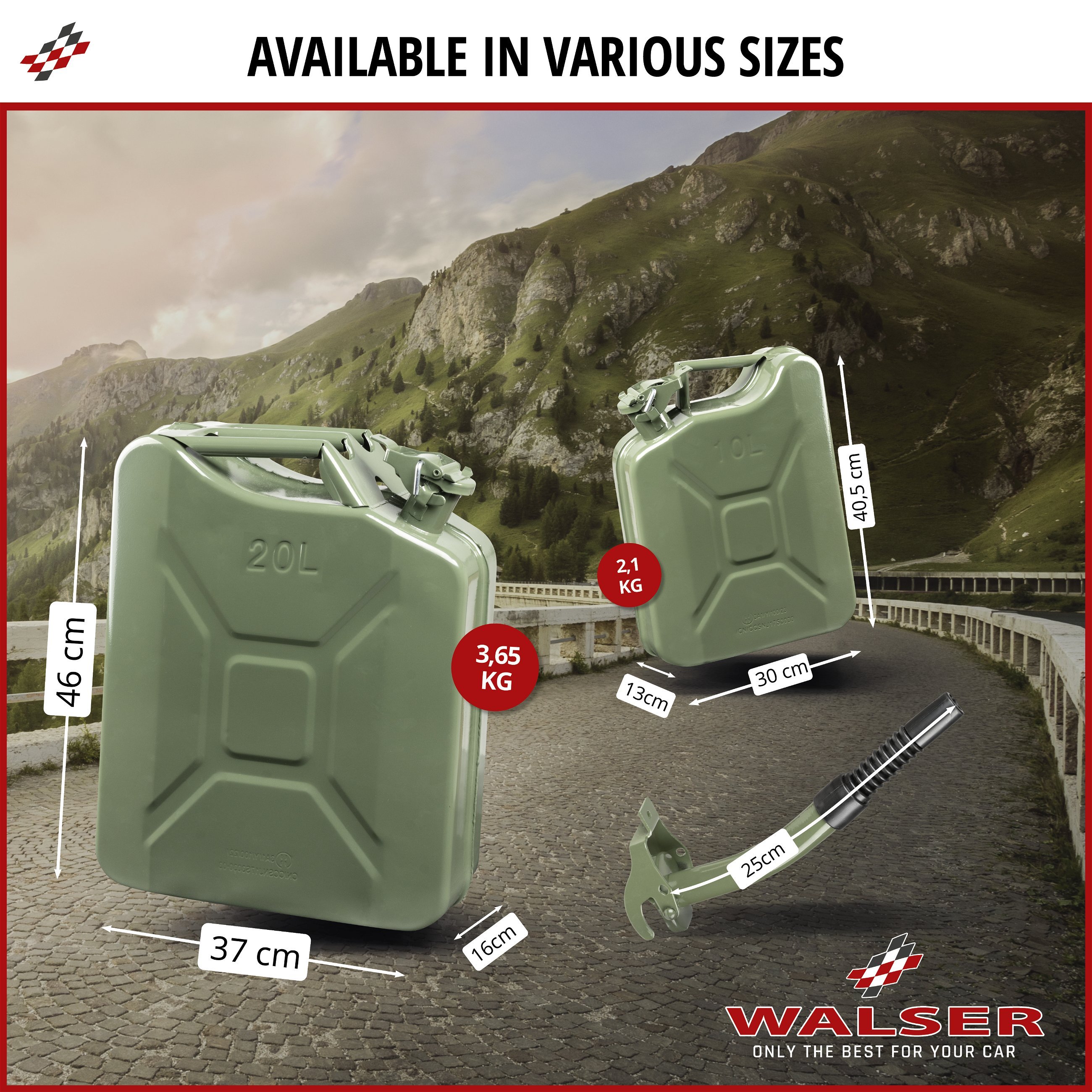 Petrol canister metal 10 litres, fuel canister, UN-certified diesel canister with safety cap 3A1 olive green, 30x13x40,5 cm