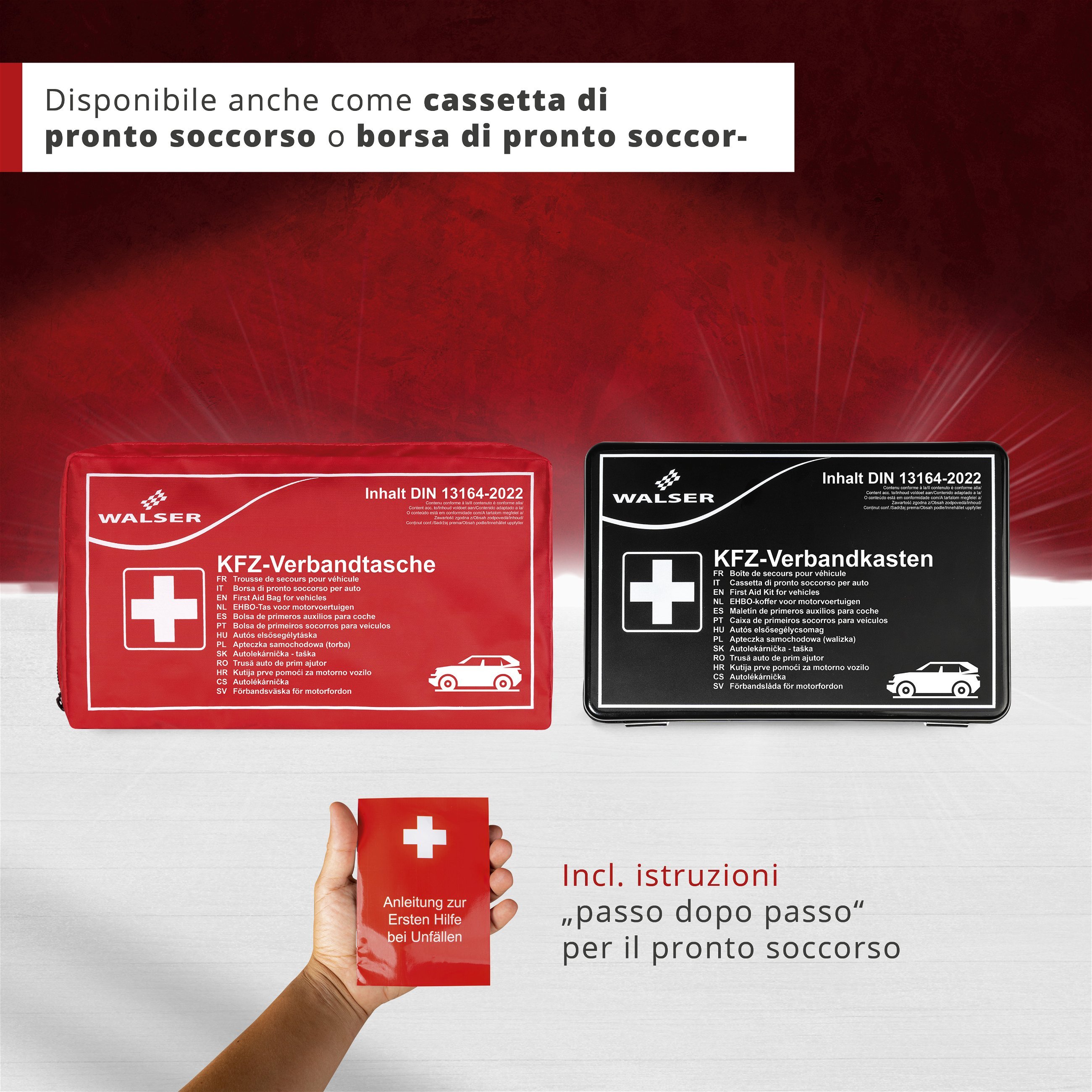 Borsa di pronto soccorso per auto rossa conforme alla norma DIN 13164:2022, Borsa di pronto soccorso per auto, set di emergenza per auto rosso