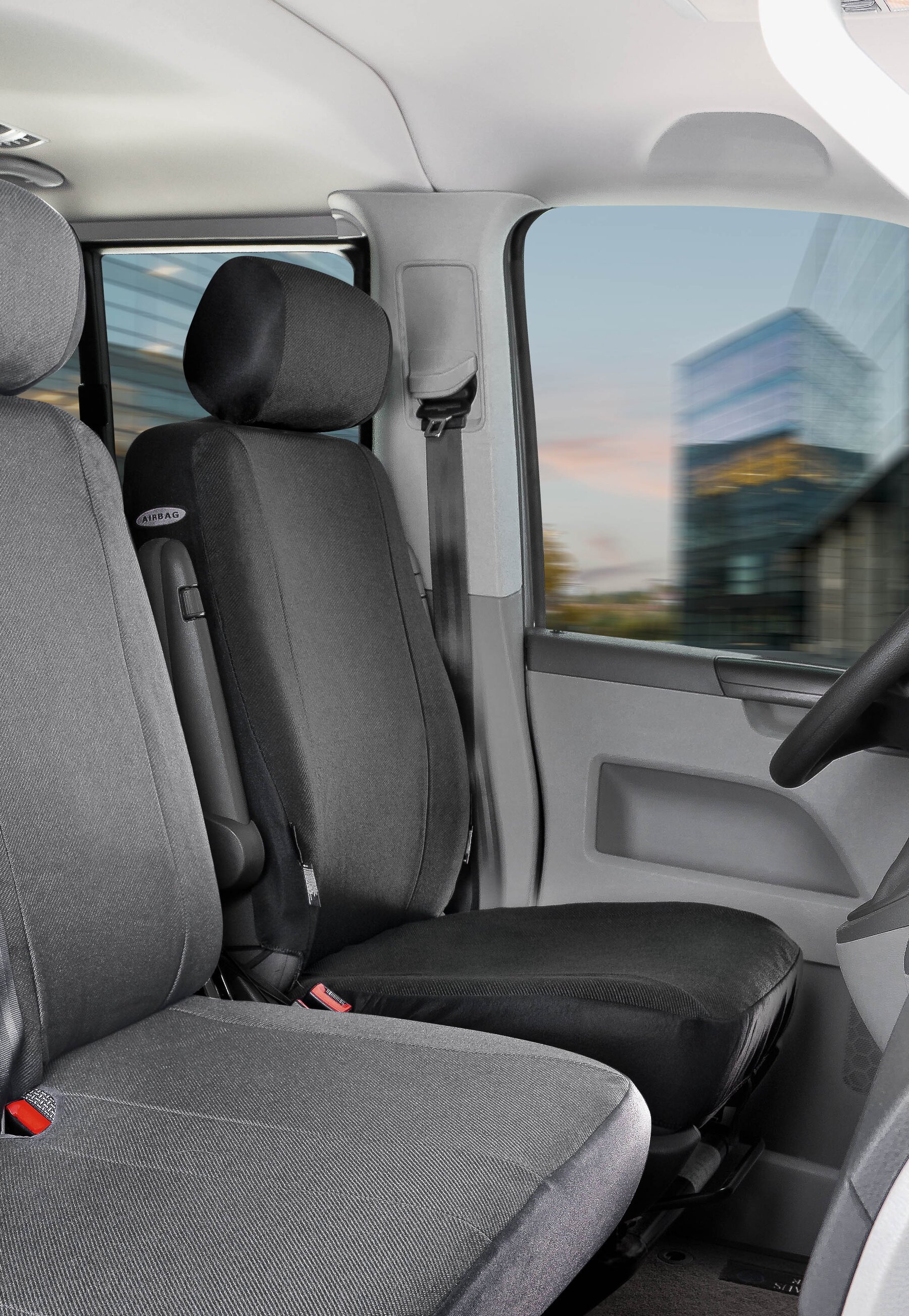Seat cover made of fabric for VW T5, single seat cover front with recess for armrest