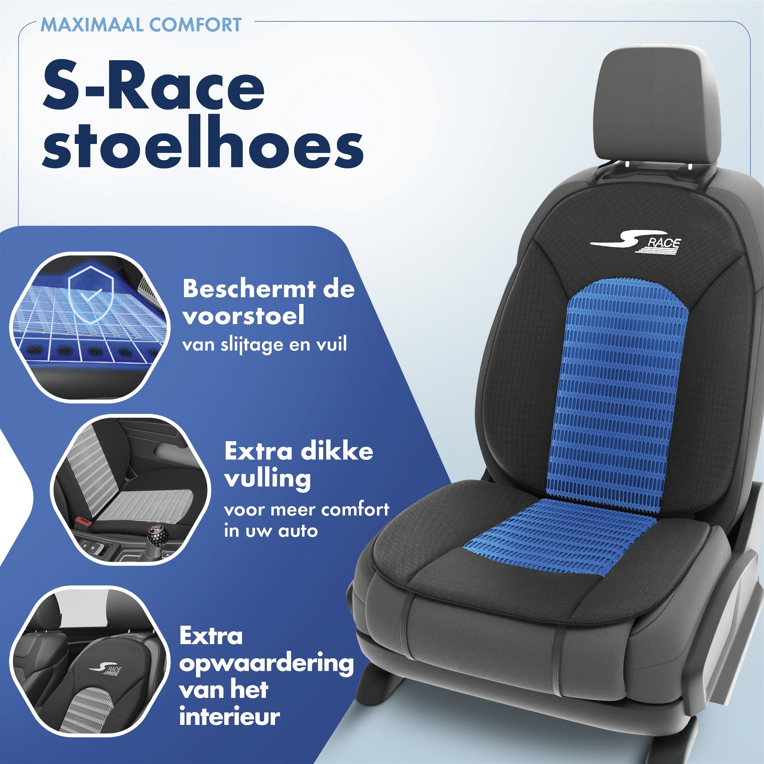 Autostoelhoes, bekleding S-Race in blauw/zwart
