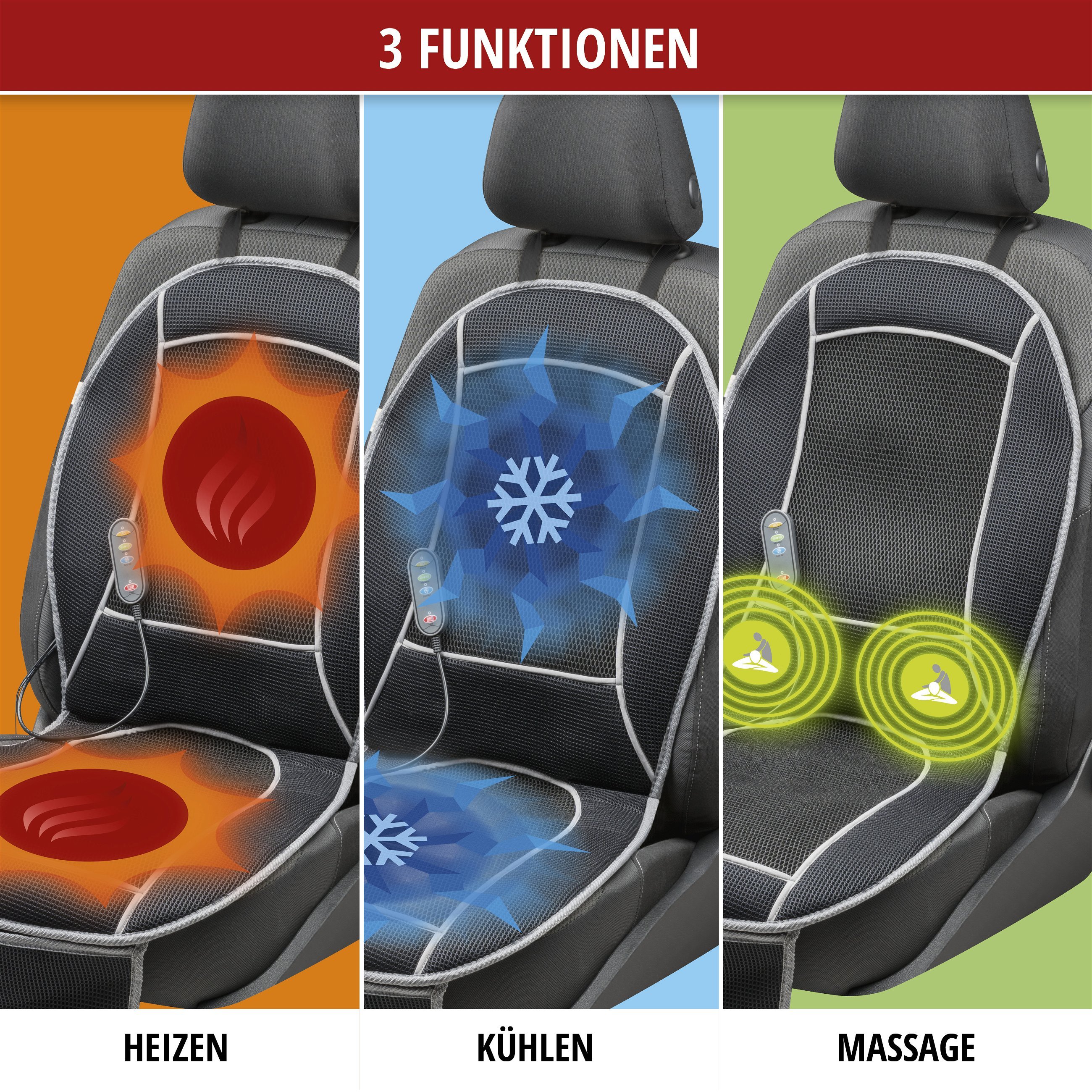 PKW-Sitzauflage CoolHeat, Auto-Sitzaufleger mit Heiz-, Kühl- und Massagefunktion schwarz