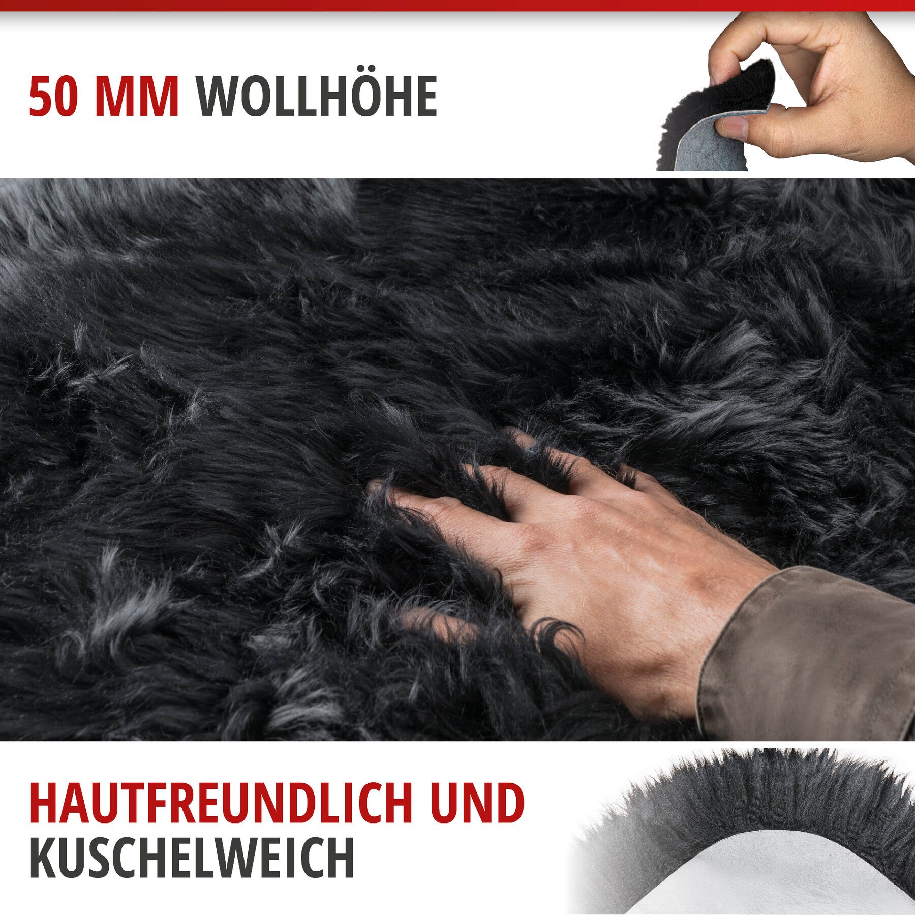 Lammfell Teppich Blake schwarz 80-90cm aus 100% natürlichem Lammfell, Wollhöhe 50mm, ideal im Wohn- & Schlafzimmer