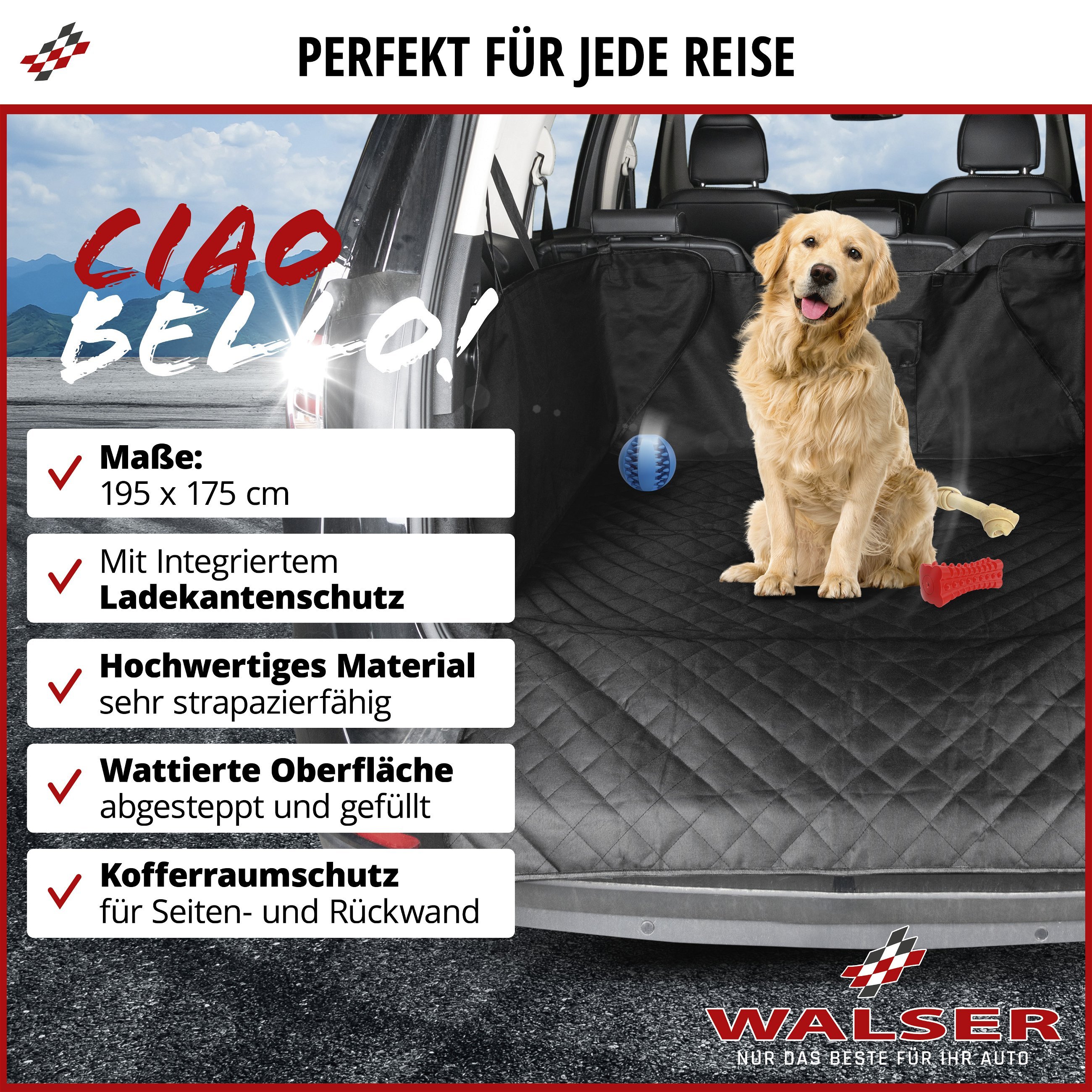 Kofferraumdecke Bello, Auto-Hundedecke, 3in1 Kofferraummatte mit Ladekantenschutz und Organizer schwarz