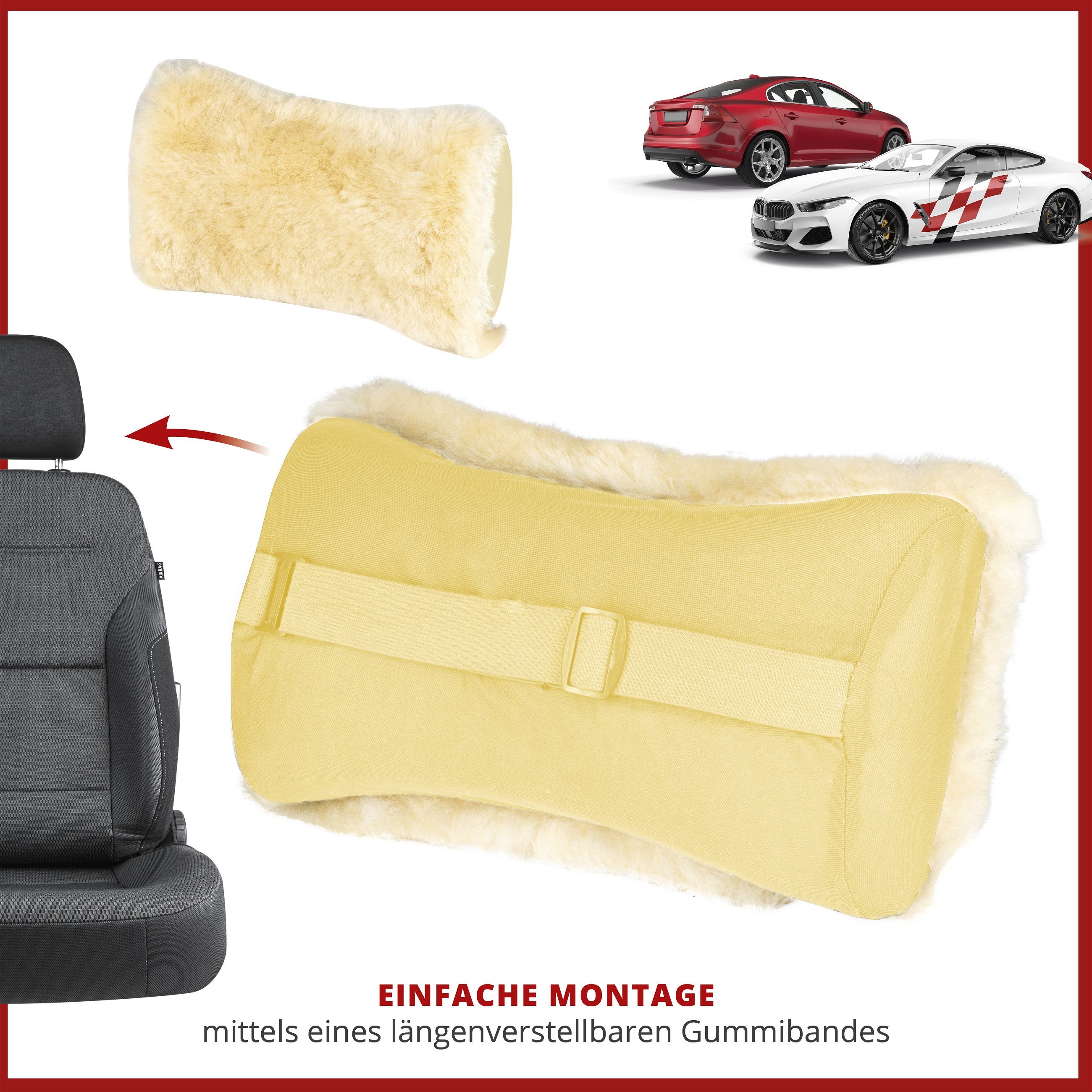 Nackenstütze Mila aus Lammfell, Nackenkissen-Auto, Lammfell-Reisekissen beige