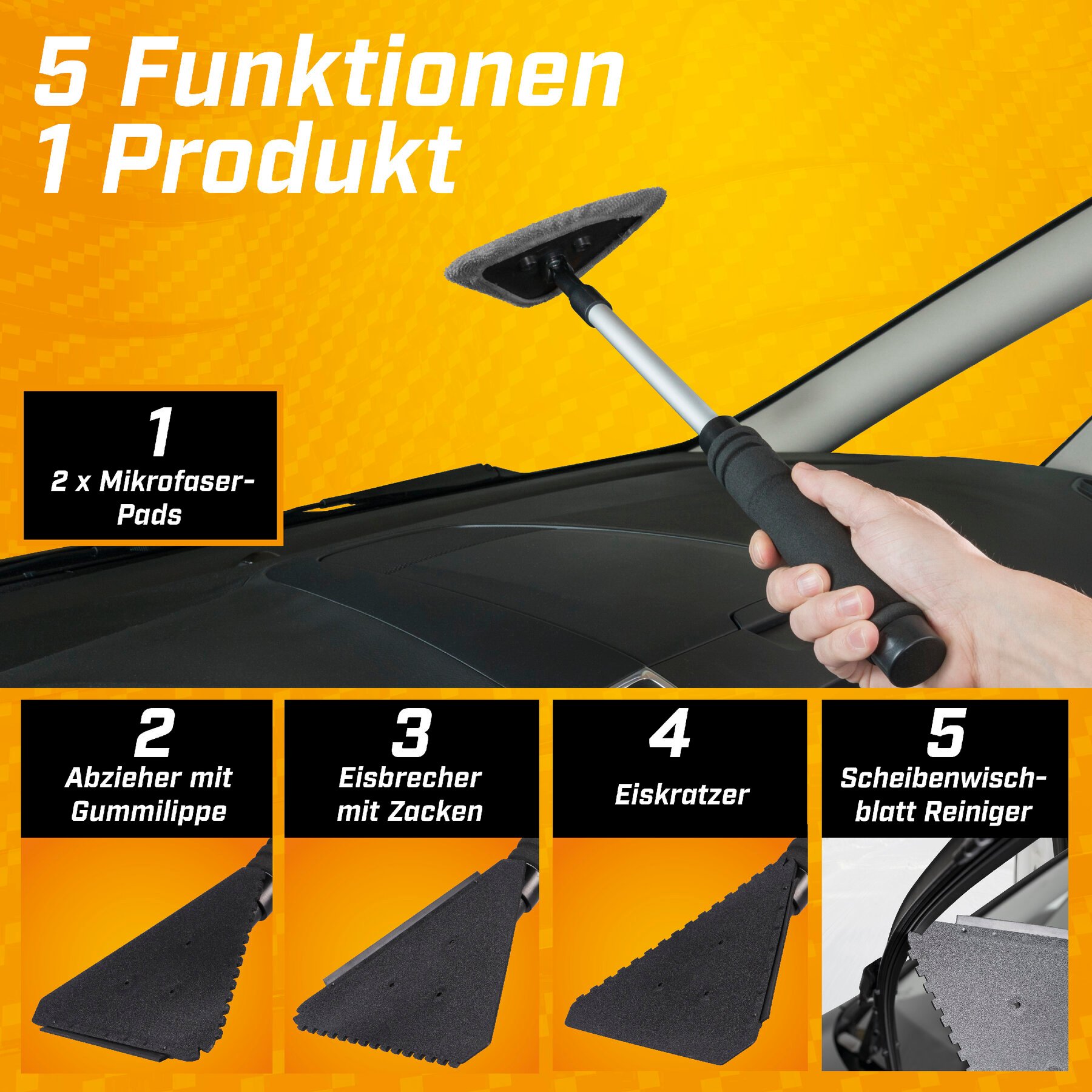 5in1 Autoscheibenreiniger teleskopierbar, Windschutzscheiben-Reinigungstool 26-45 cm