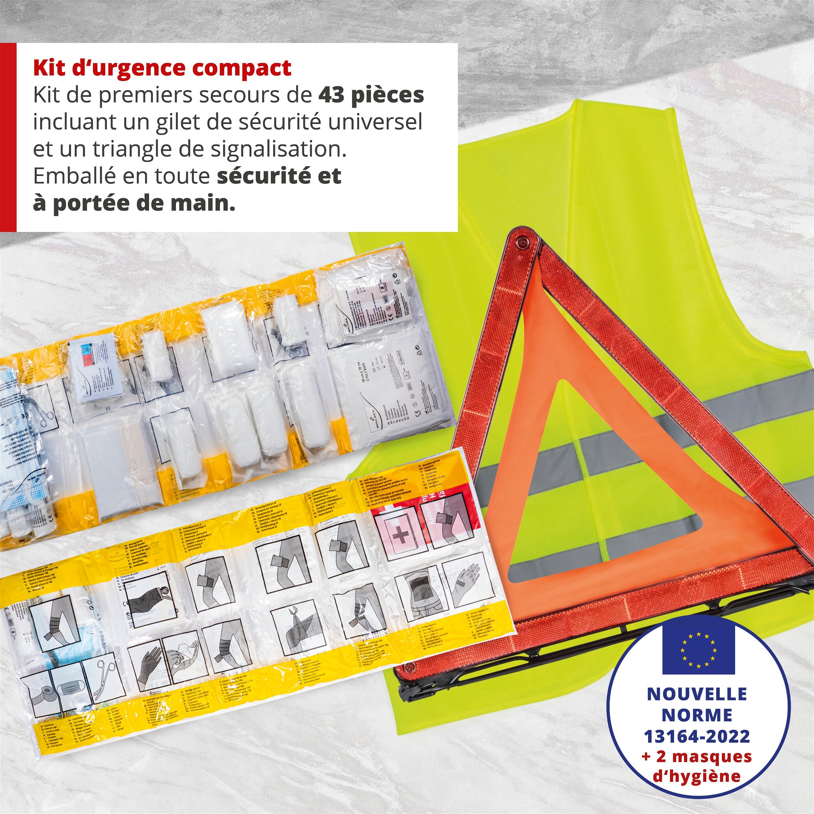 Trousse de secours automobile rouge conforme à la norme DIN 13164:2022, y compris triangle de panne et gilet de sécurité, kit de premiers secours automobile