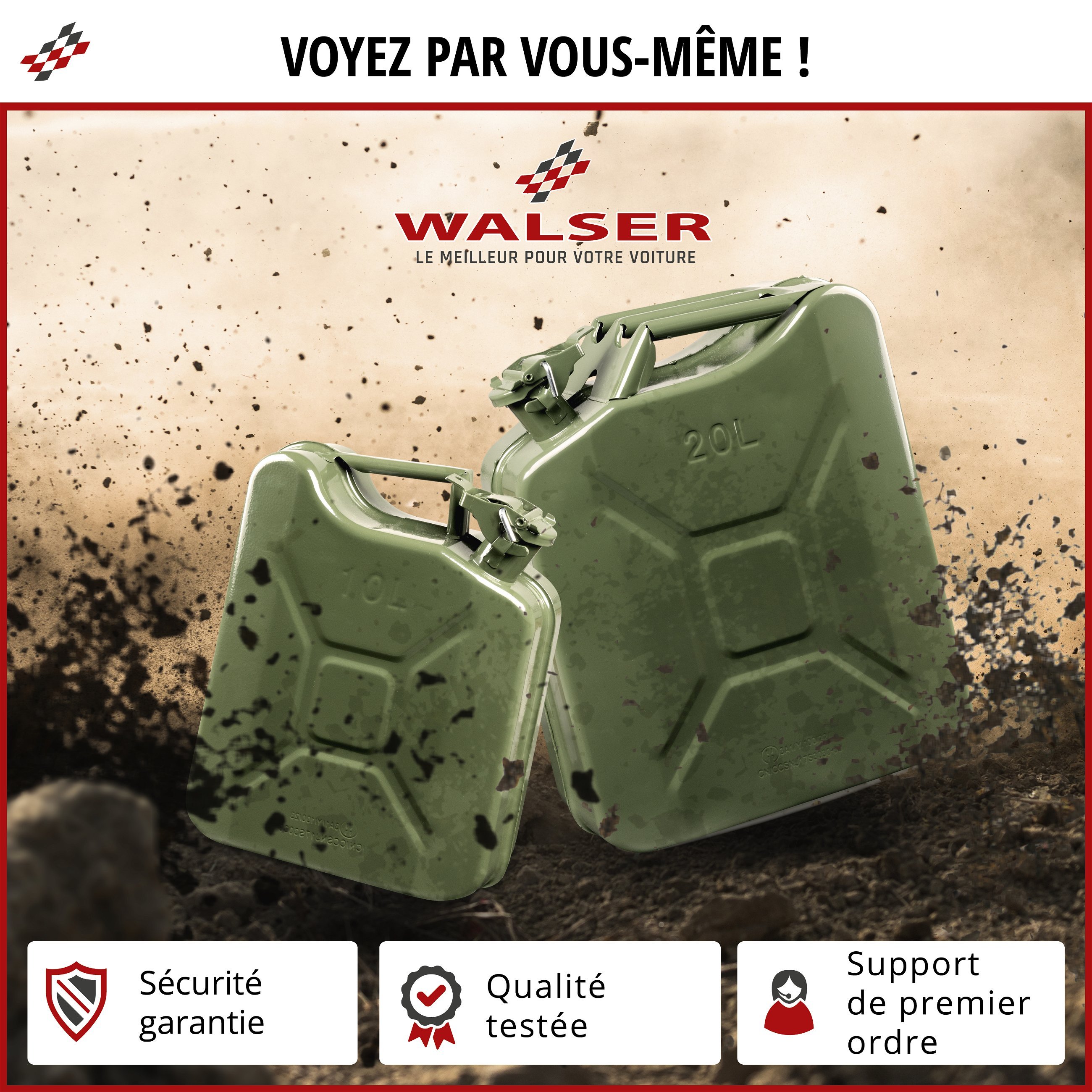 Bidon d'essence en métal 10 litres, Bidon de carburant, Bidon de diesel certifié UN avec fermeture de sécurité 3A1 vert olive, 30x13x40,5 cm