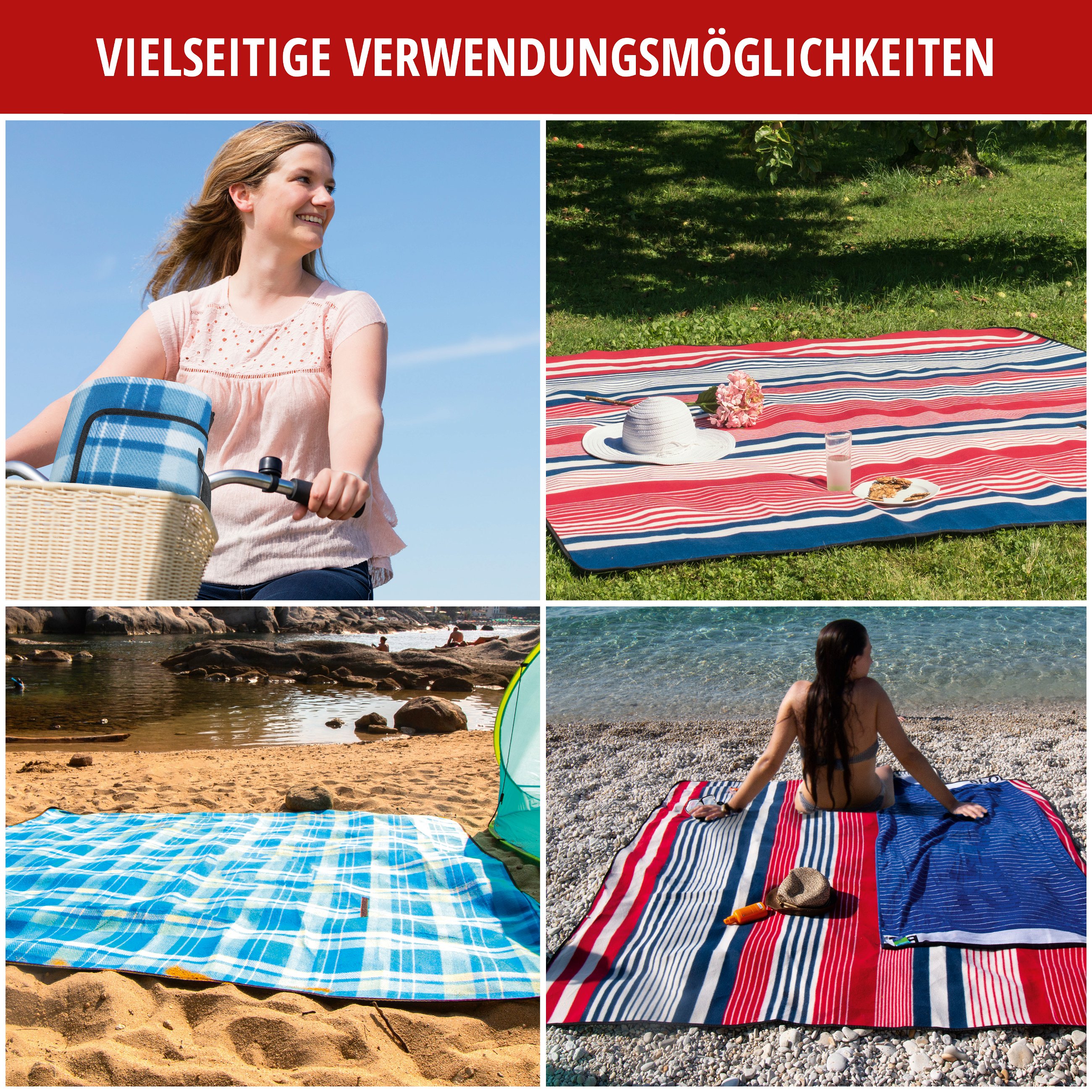 Reisedecke XXL, Campingdecke wärmeisoliert und wasserdicht, Urlaubsdecke mit Tragegriff blau/weiß-karo 200x200 cm
