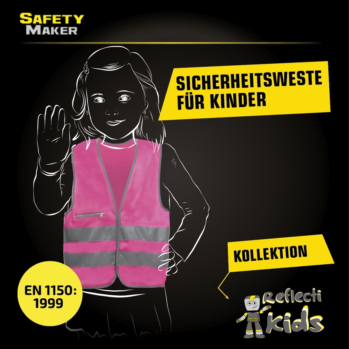 ROTH reflektierende Warnweste für Kinder mit coolem Design,  größenverstellbar 5-8 Jahre (pink)