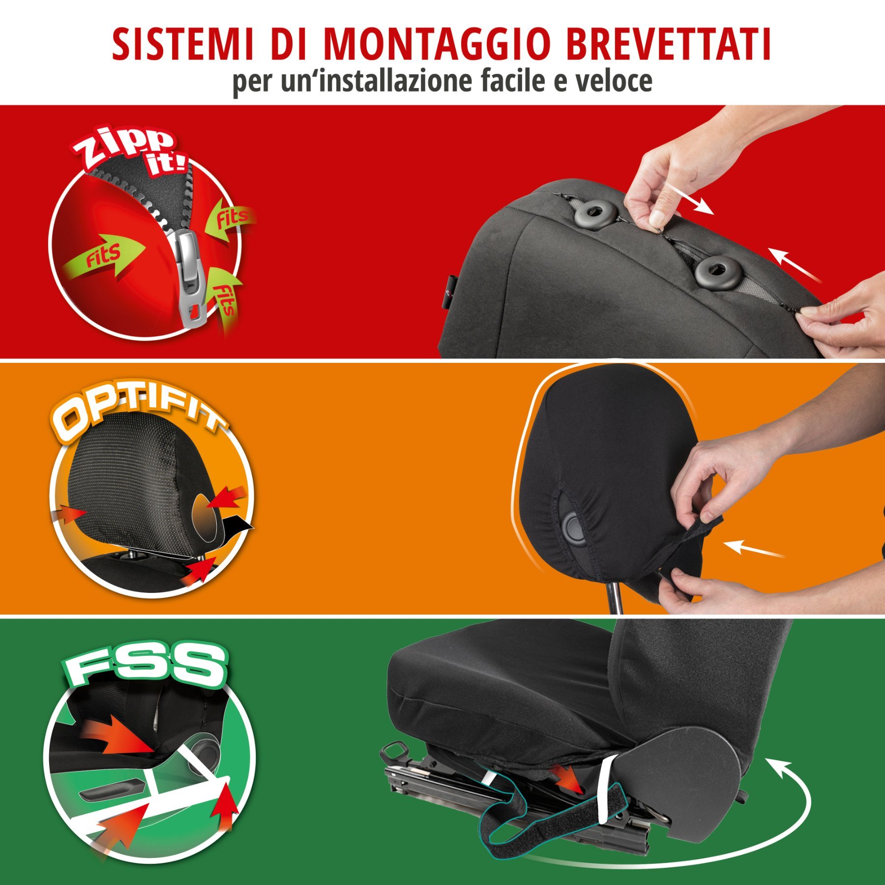 ZIPP IT Premium Coprisedili Gordon per due sedili anteriori con sistema di chiusura lampo nero/grigio