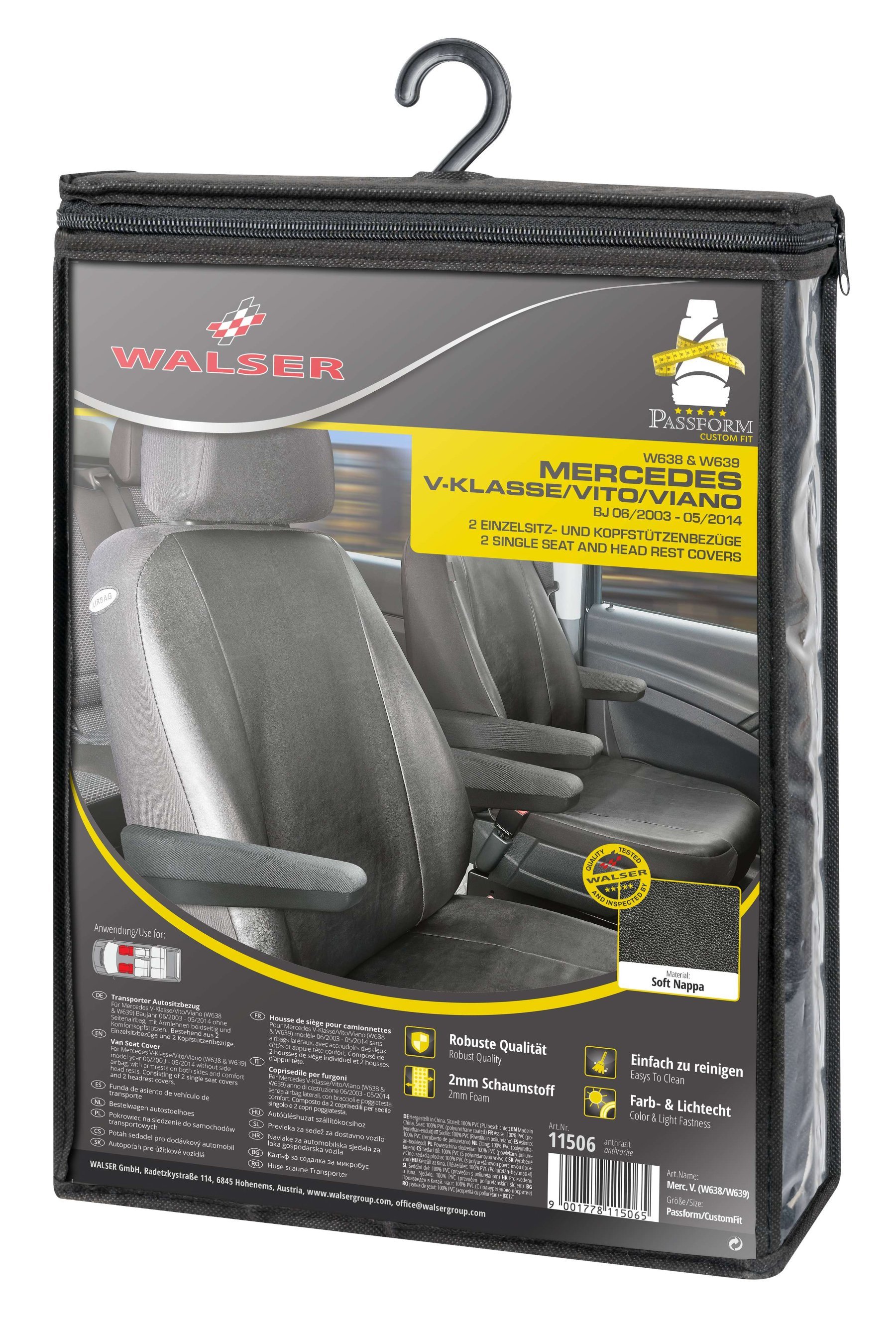 Passform Sitzbezug aus Kunstleder kompatibel mit Mercedes-Benz Viano/Vito, 2 Einzelsitze mit Armlehne innen & außen