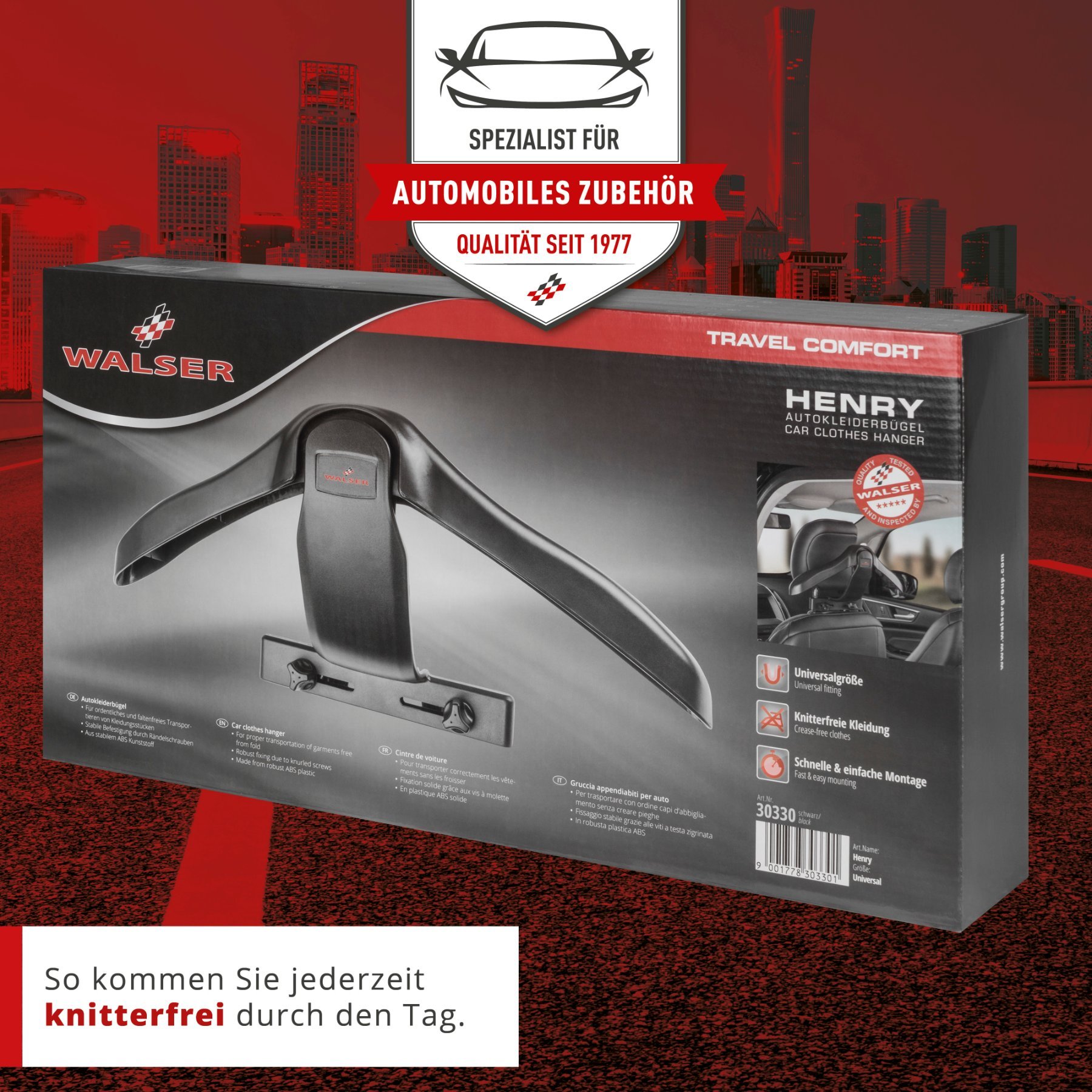 Auto-Kleiderbügel Henry, PKW-Kleiderbügel, Jackenhalter für Kopfstütze ausziehbar 45x7,5x26 cm schwarz