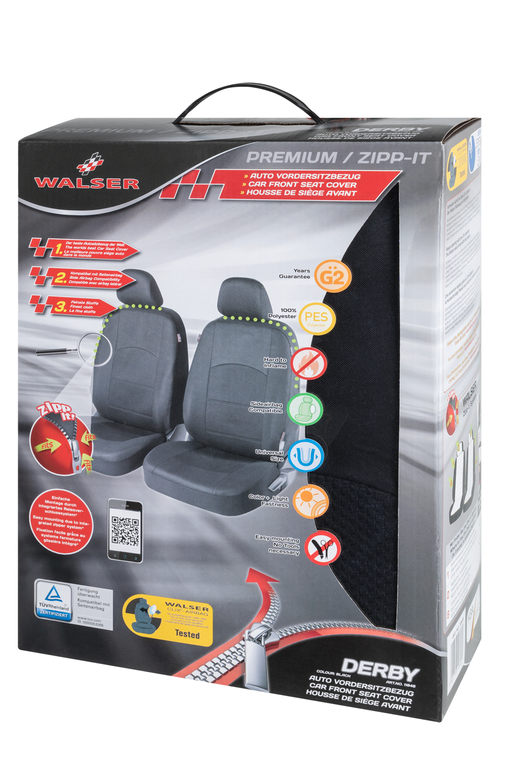 Auto stoelbeschermer Derby met Zipper ZIPP-IT Premium Autostoelhoes, 2 stoelbeschermer voor voorstoel zwart