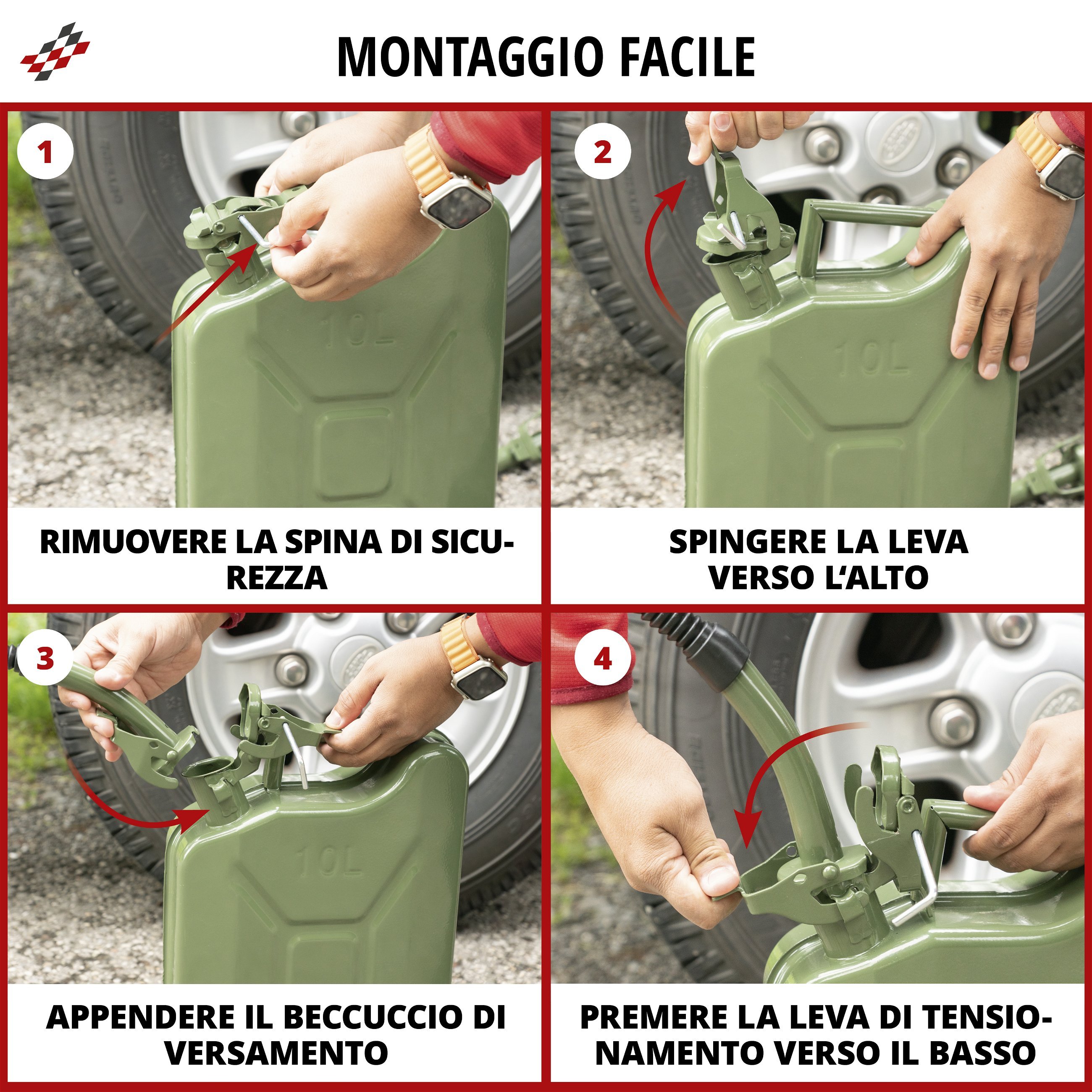 Beccuccio per tanica di benzina, beccuccio per tanica verde oliva 25 cm