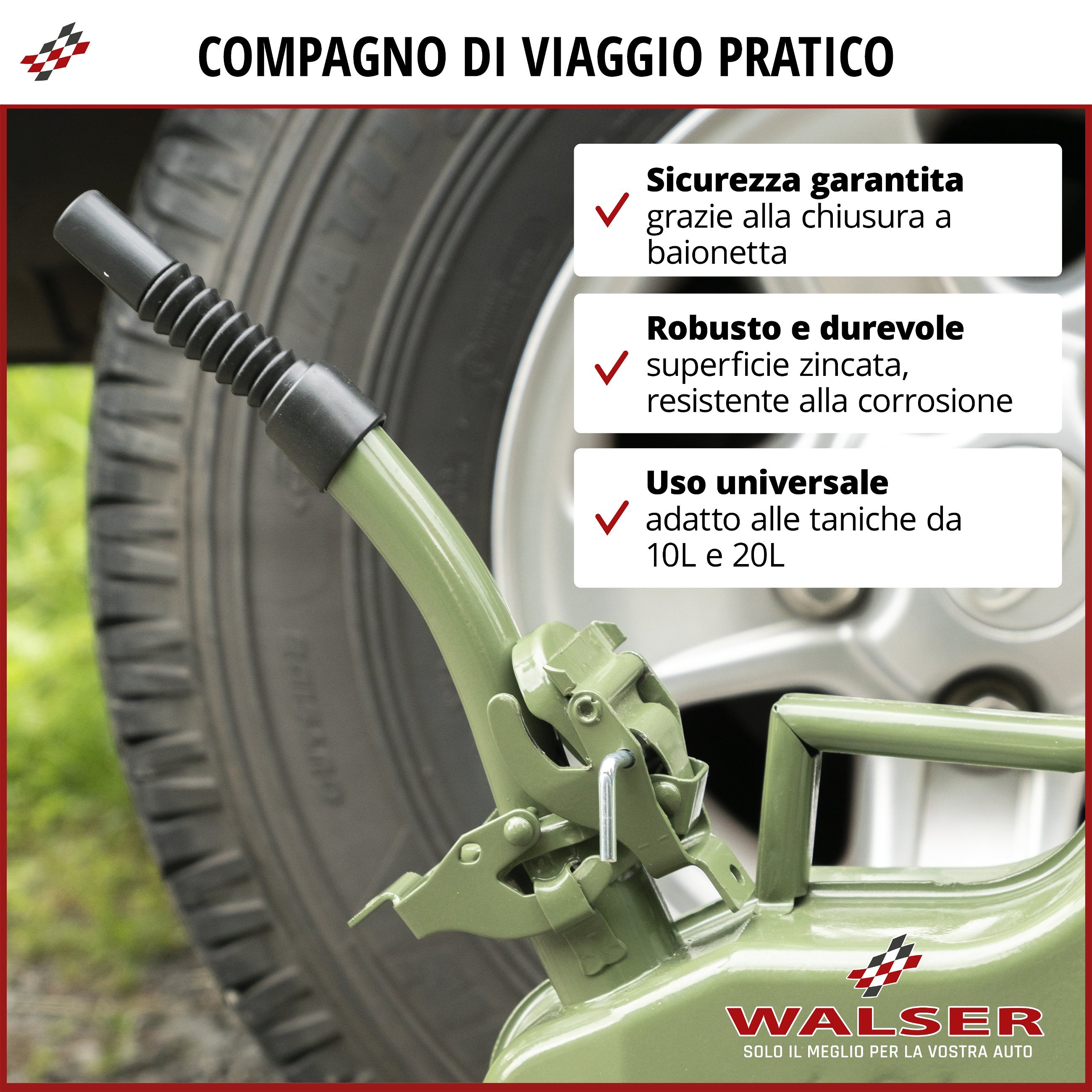 Beccuccio per tanica di benzina, beccuccio per tanica verde oliva 25 cm