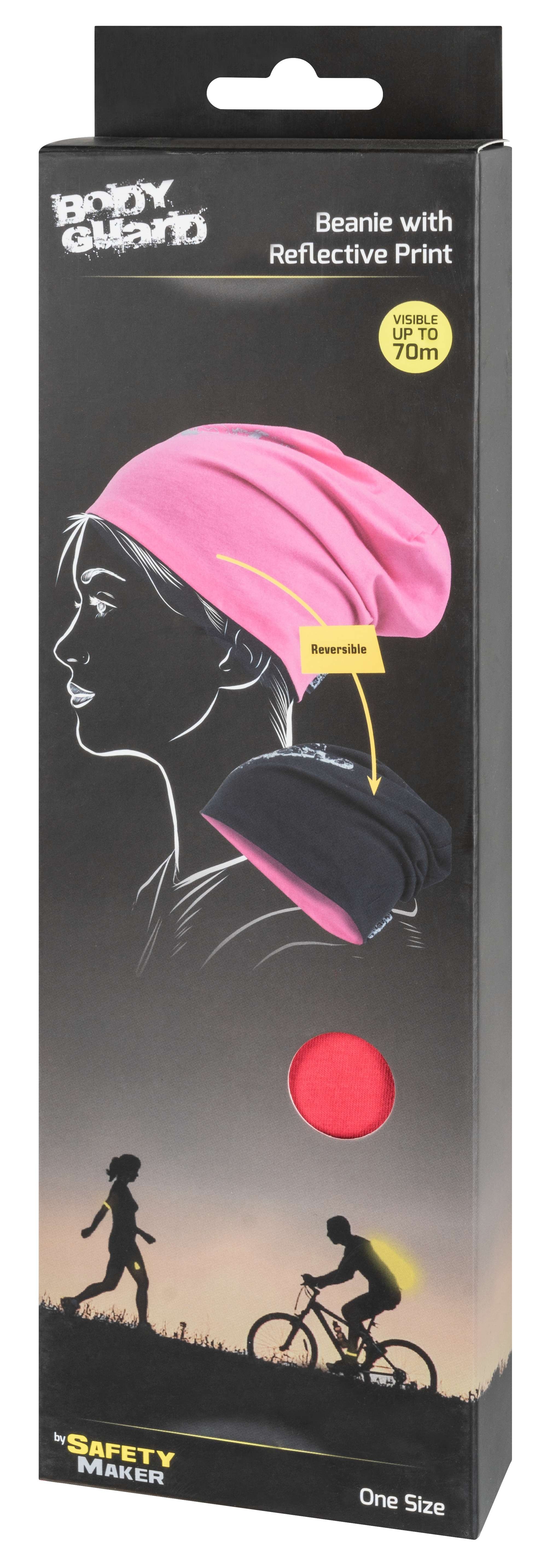 Wende Beanie, Mütze, Sportmütze mit reflektierendem Druck pink-silber