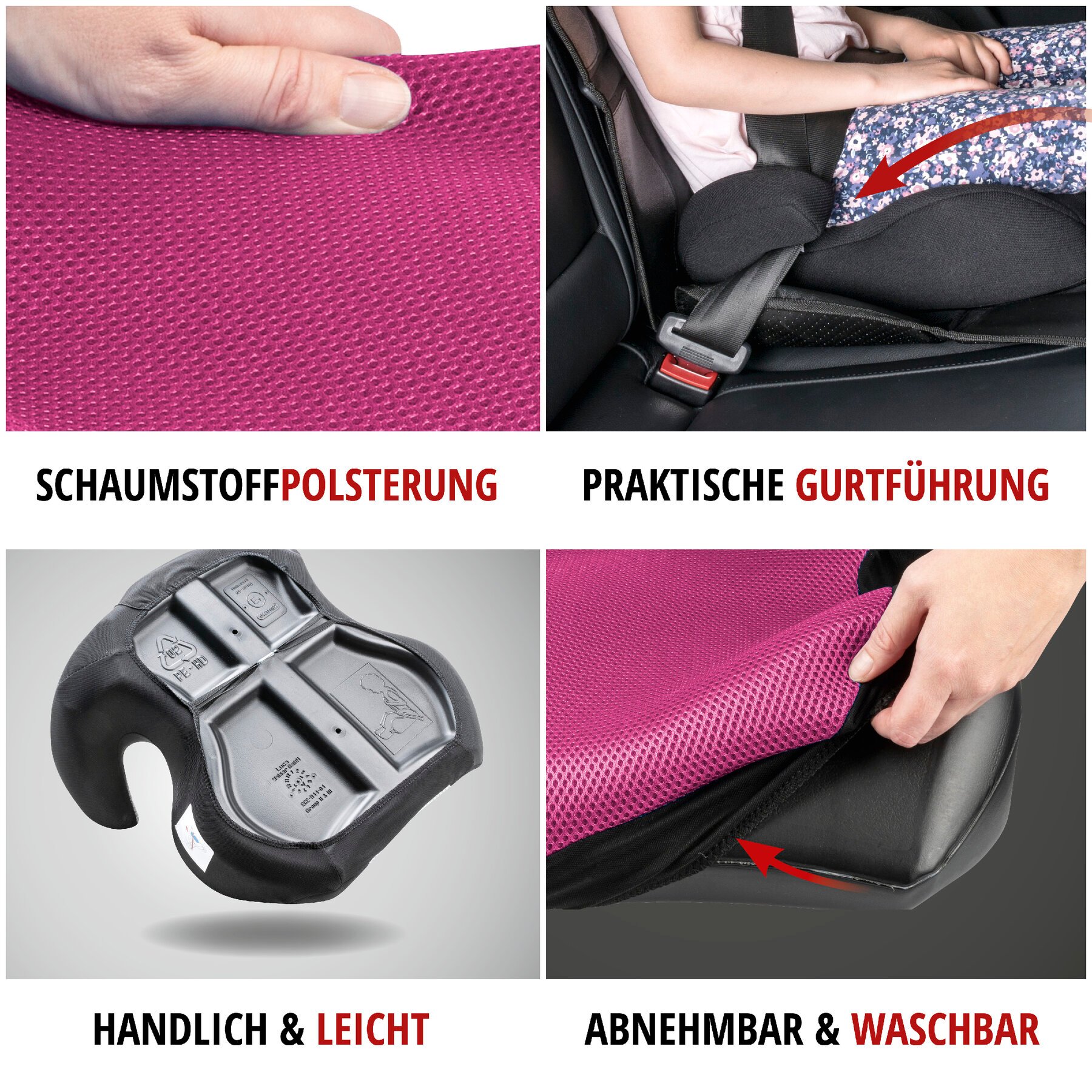 Kindersitzerhöhung Lino, Auto-Kindersitz ECE 44/04 geprüft schwarz/rosa