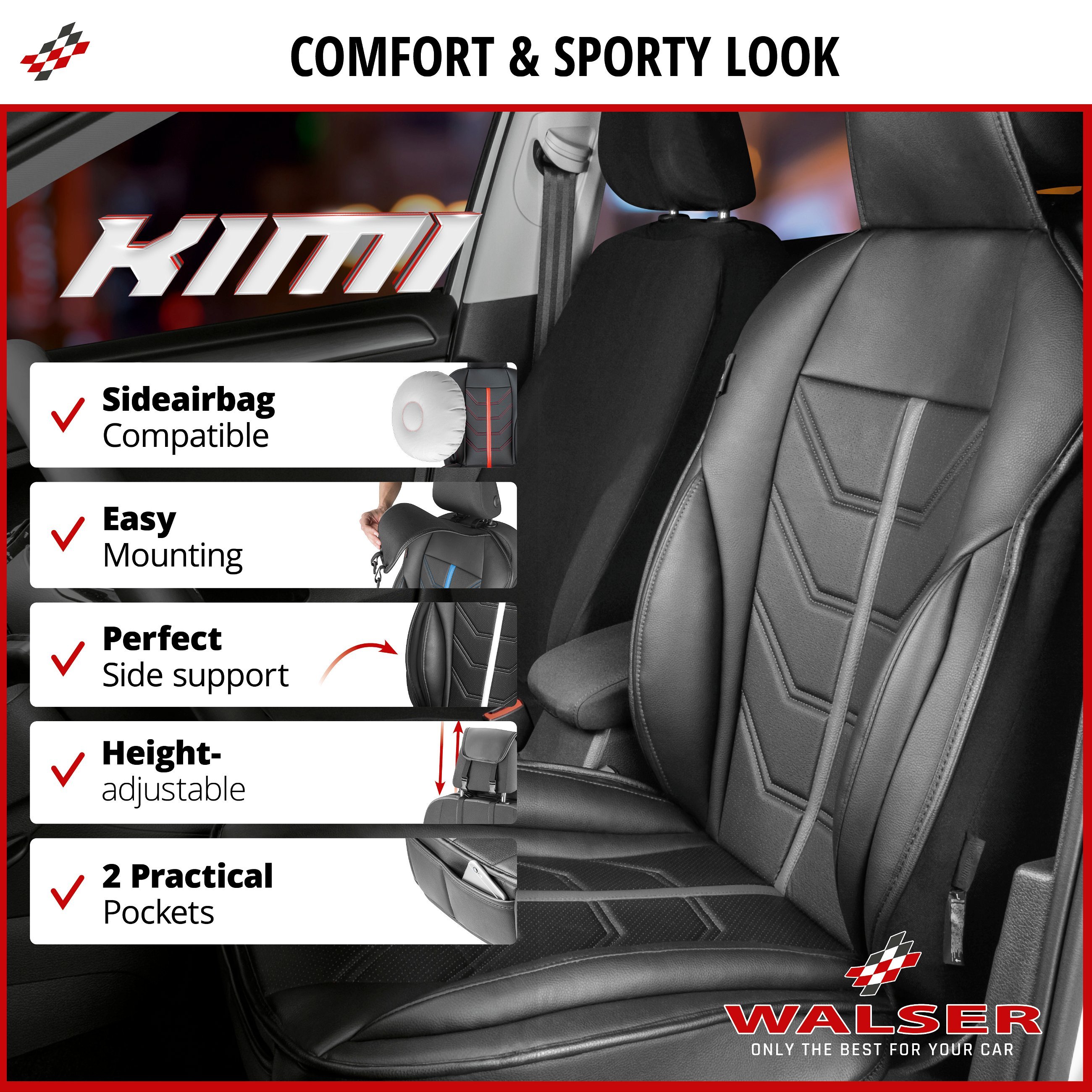 Car Seat cover Kimi, seat protector for cars in racing look black/grey