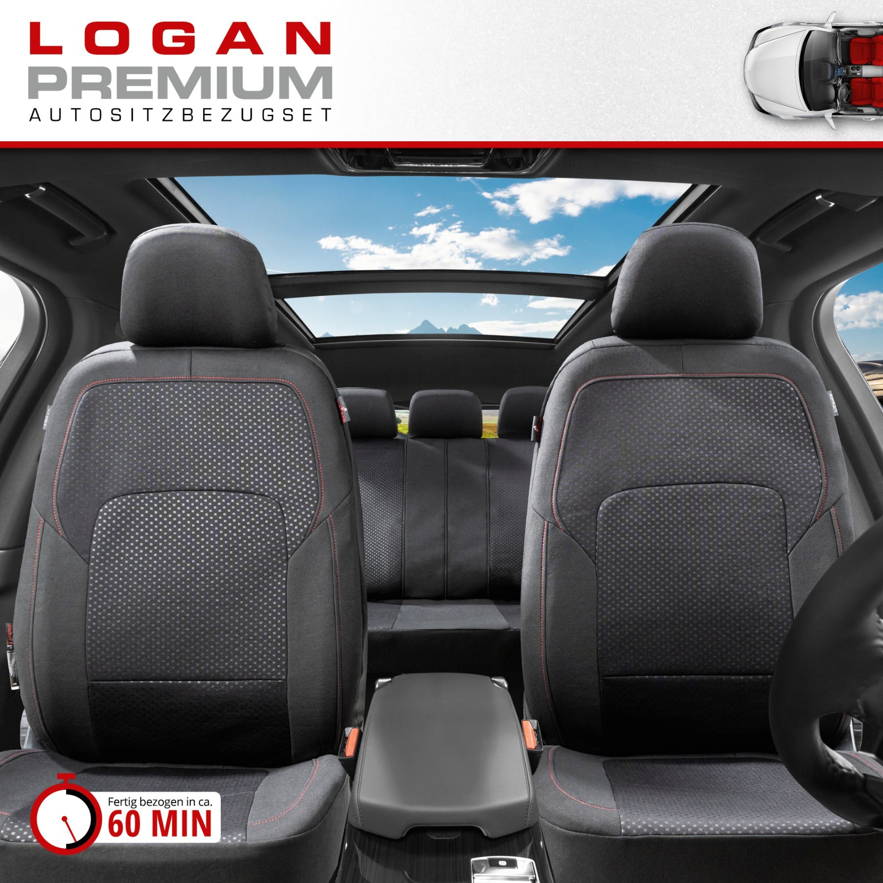 Autositzbezug ZIPP-IT Premium Logan, PKW-Schonbezüge Komplettset mit Reißverschluss-System schwarz/rot