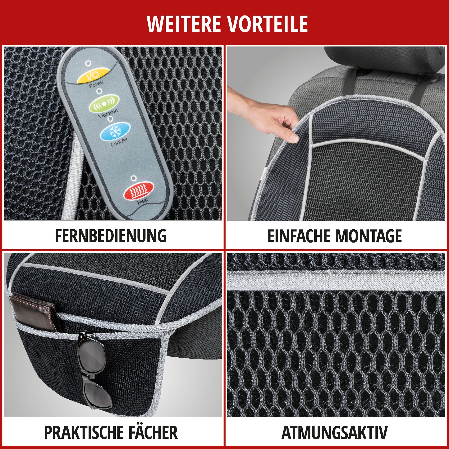 PKW-Sitzauflage CoolHeat, Auto-Sitzaufleger mit Heiz-, Kühl- und Massagefunktion schwarz