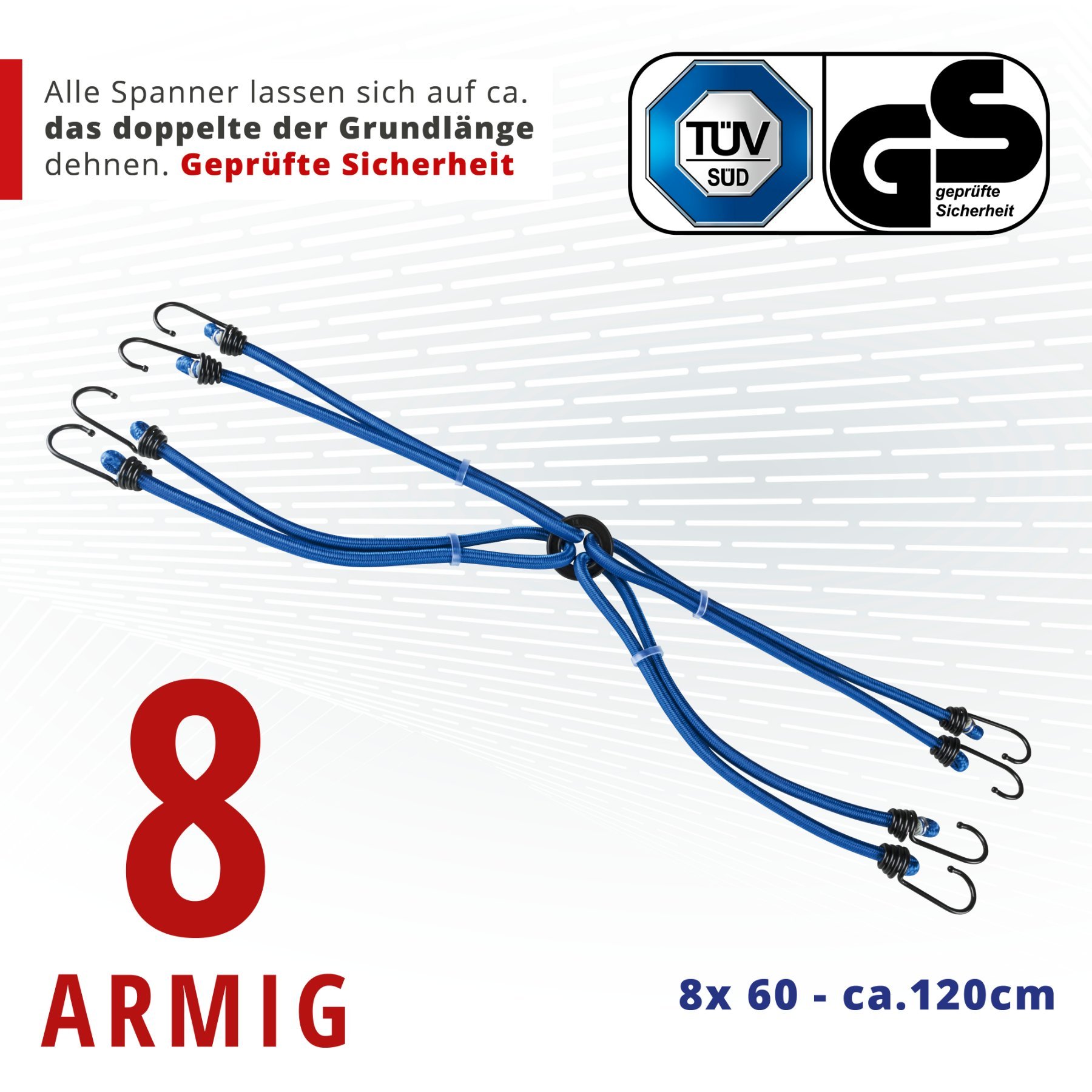 Gepäckspinne mit Haken, Spanngummi-Set, 8 Spanngurte 60 cm blau