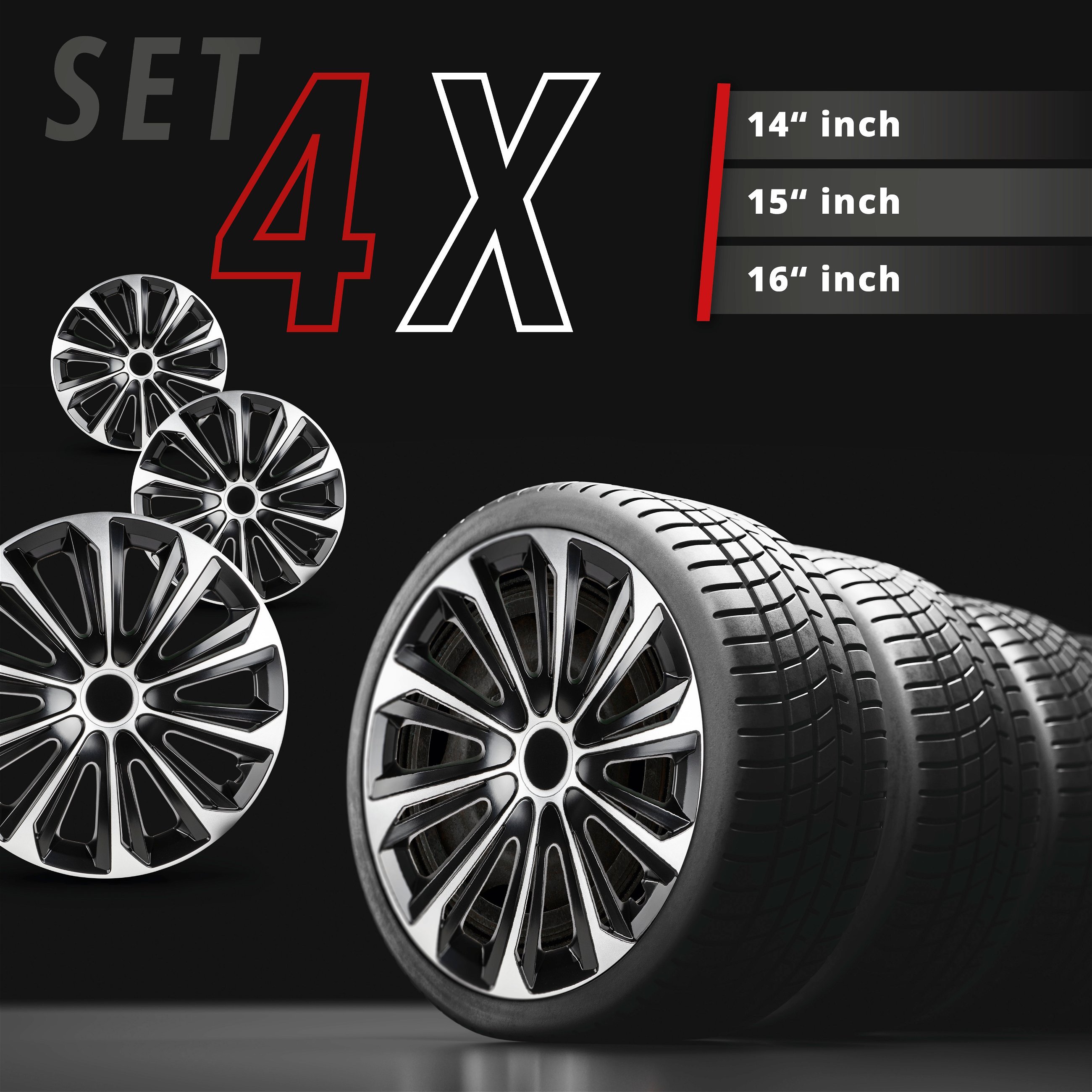 Wheel covers New Racer 15", 4 piece black/silver