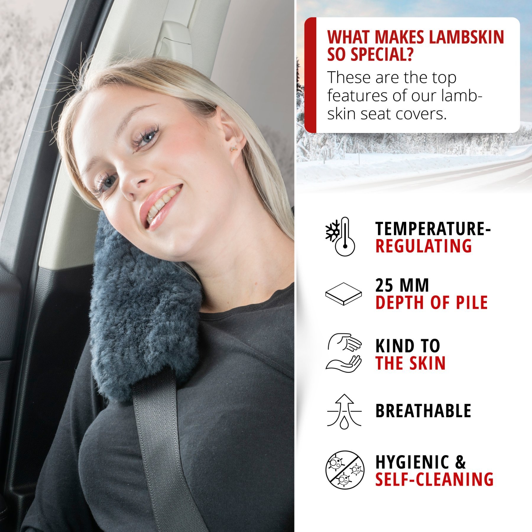 Seatbelt pad Millie lambskin, 2 pieces anthracite