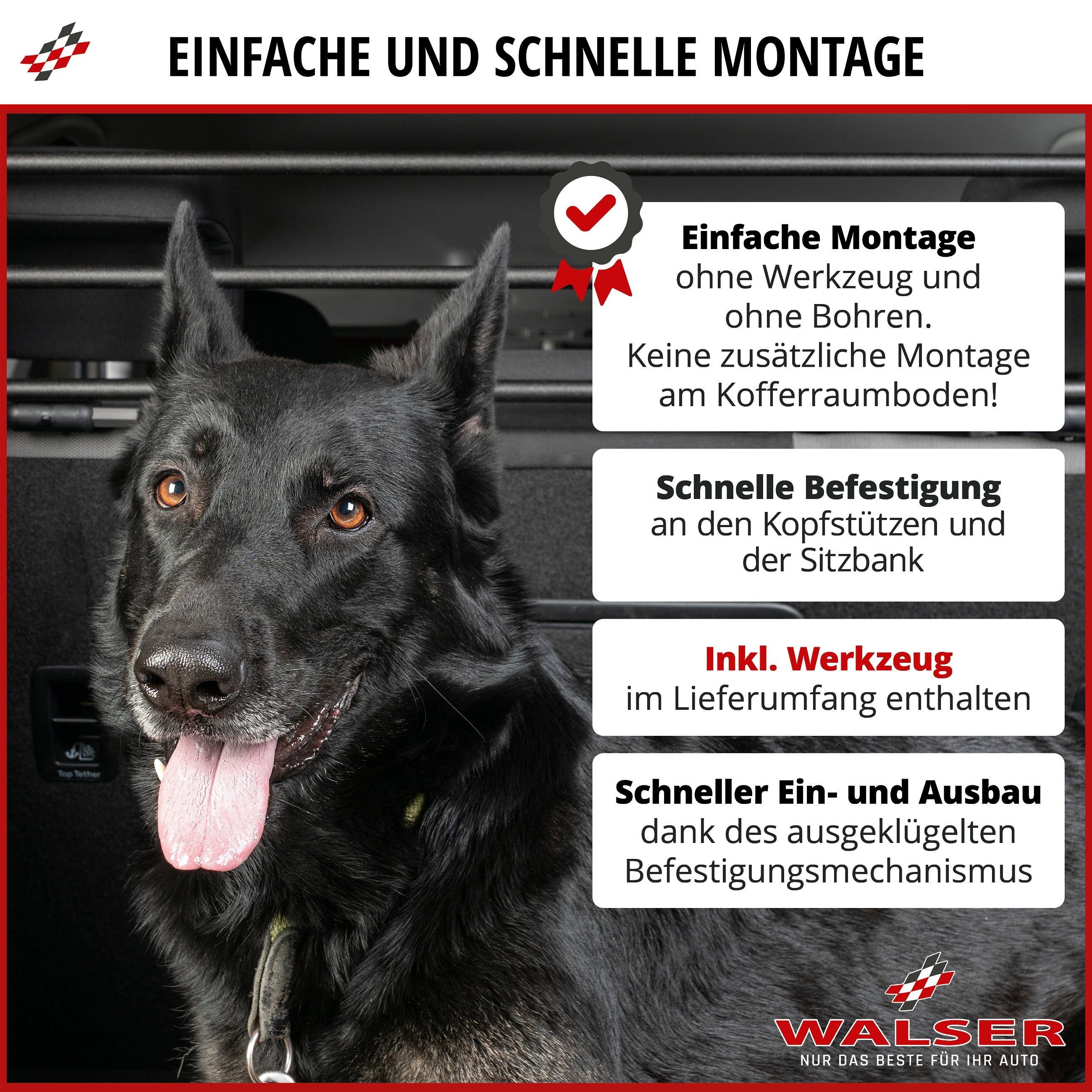Hundegitter Dog Guard, Trenngitter für Hunde mit Nylonnetz, Auto Schutzgitter schwarz, Größe 2 - 910x180mm