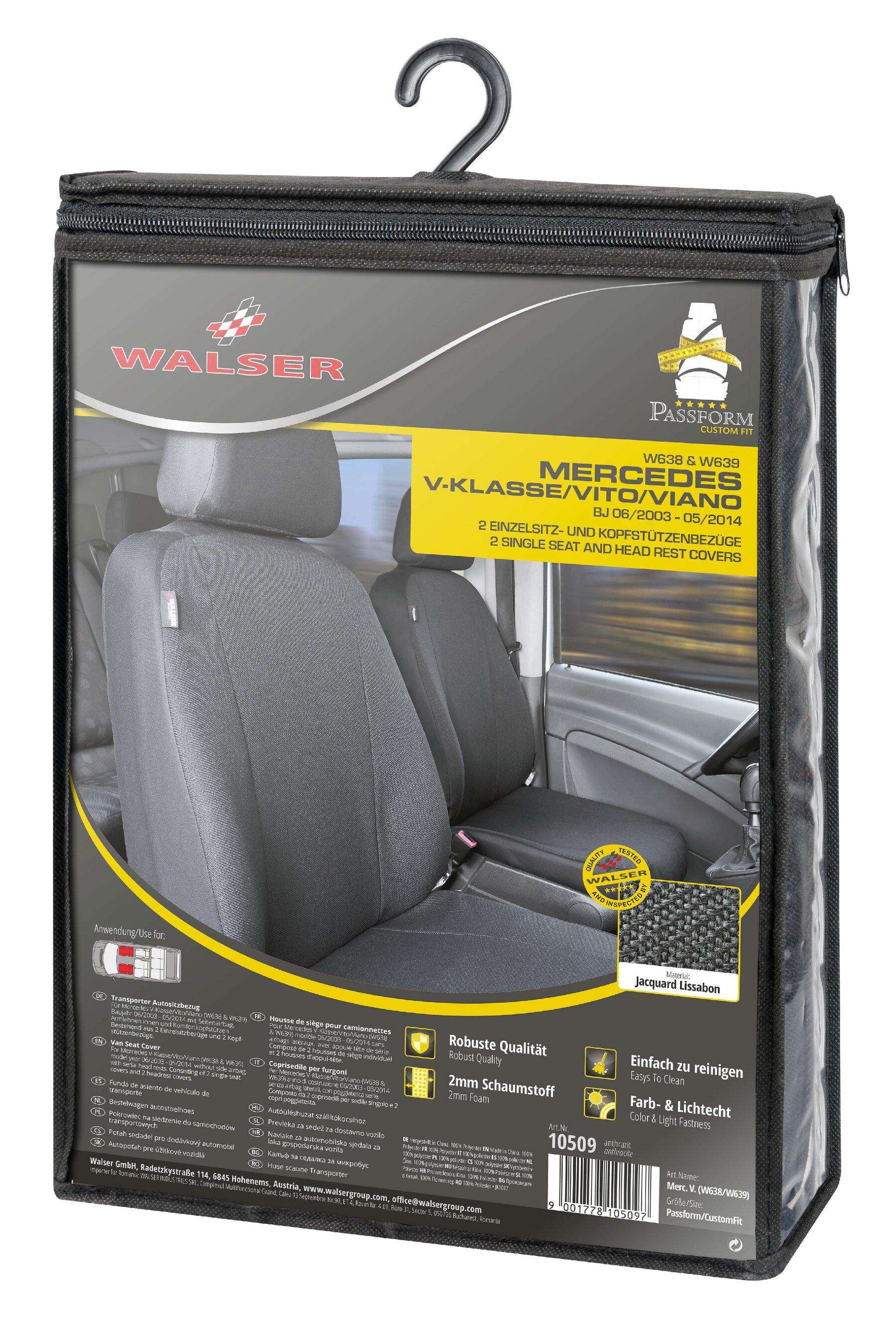 Housse de siège Transporter en tissu pour Mercedes Vito/Viano, 2 sièges simples - sans airbag
