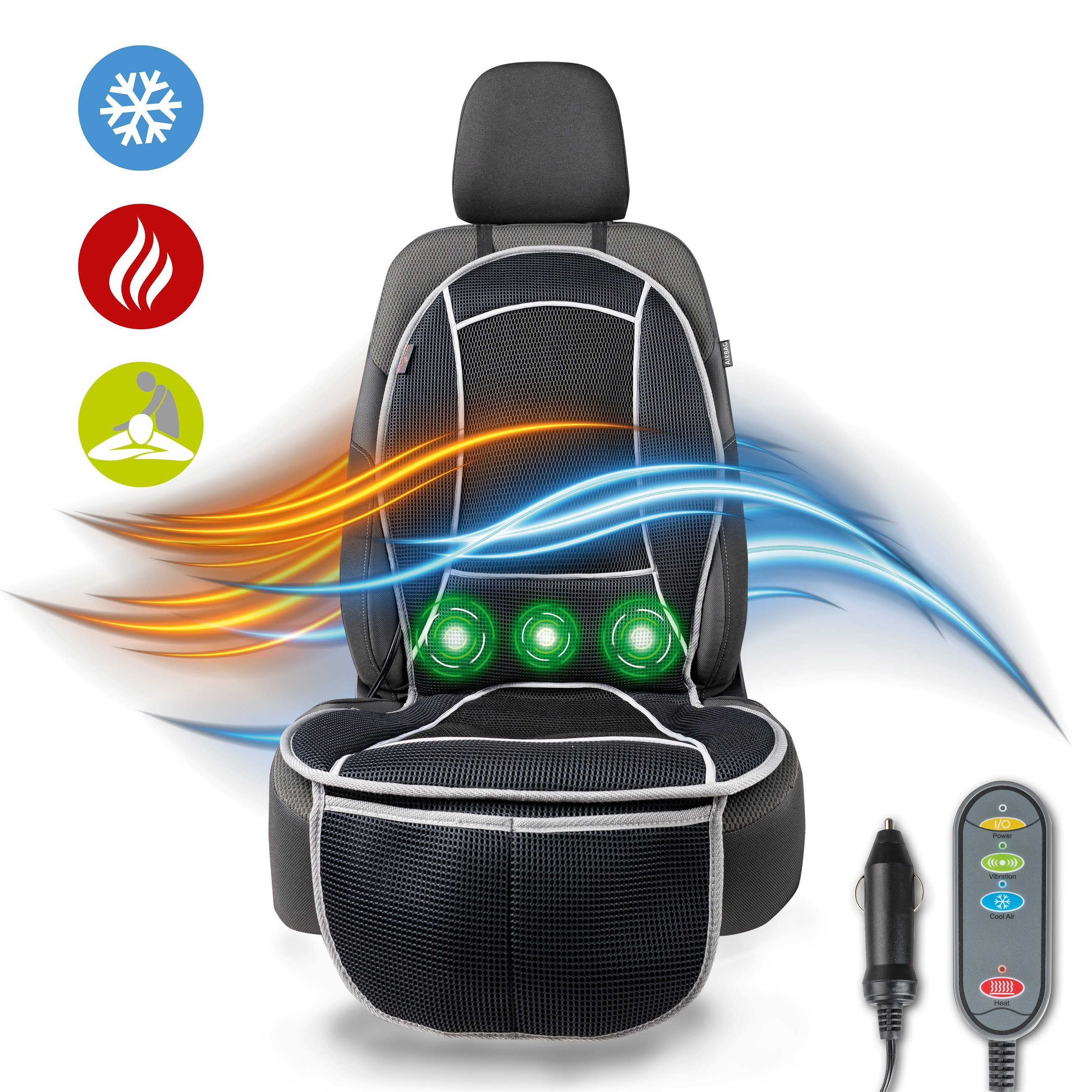 Coussin chauffant pour siège de voiture Cool Heat avec fonction de massage noir