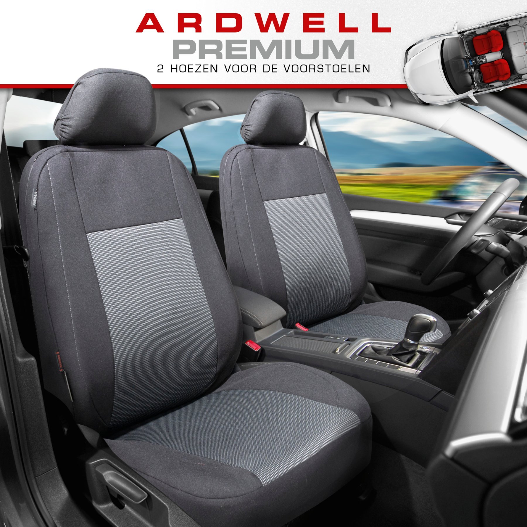 Premium autozetelhoezen Ardwell met rits, ZIPP-IT zetelhoezen, 2 voorzetelhoezen zwart/grijs