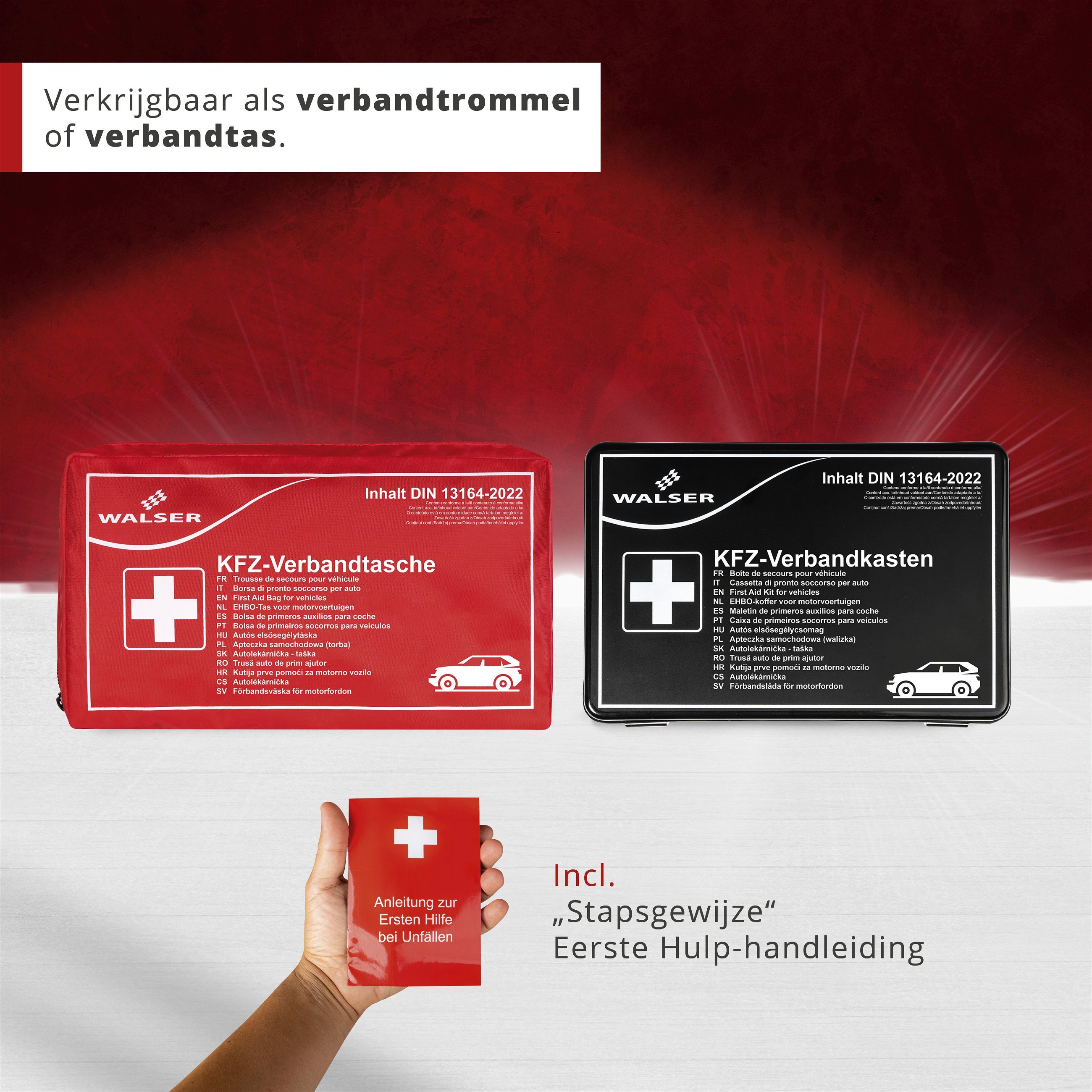 Motorvoertuig-verbandtas rood volgens DIN 13164:2022, auto-verbandtas, set voor noodgevallen auto rood