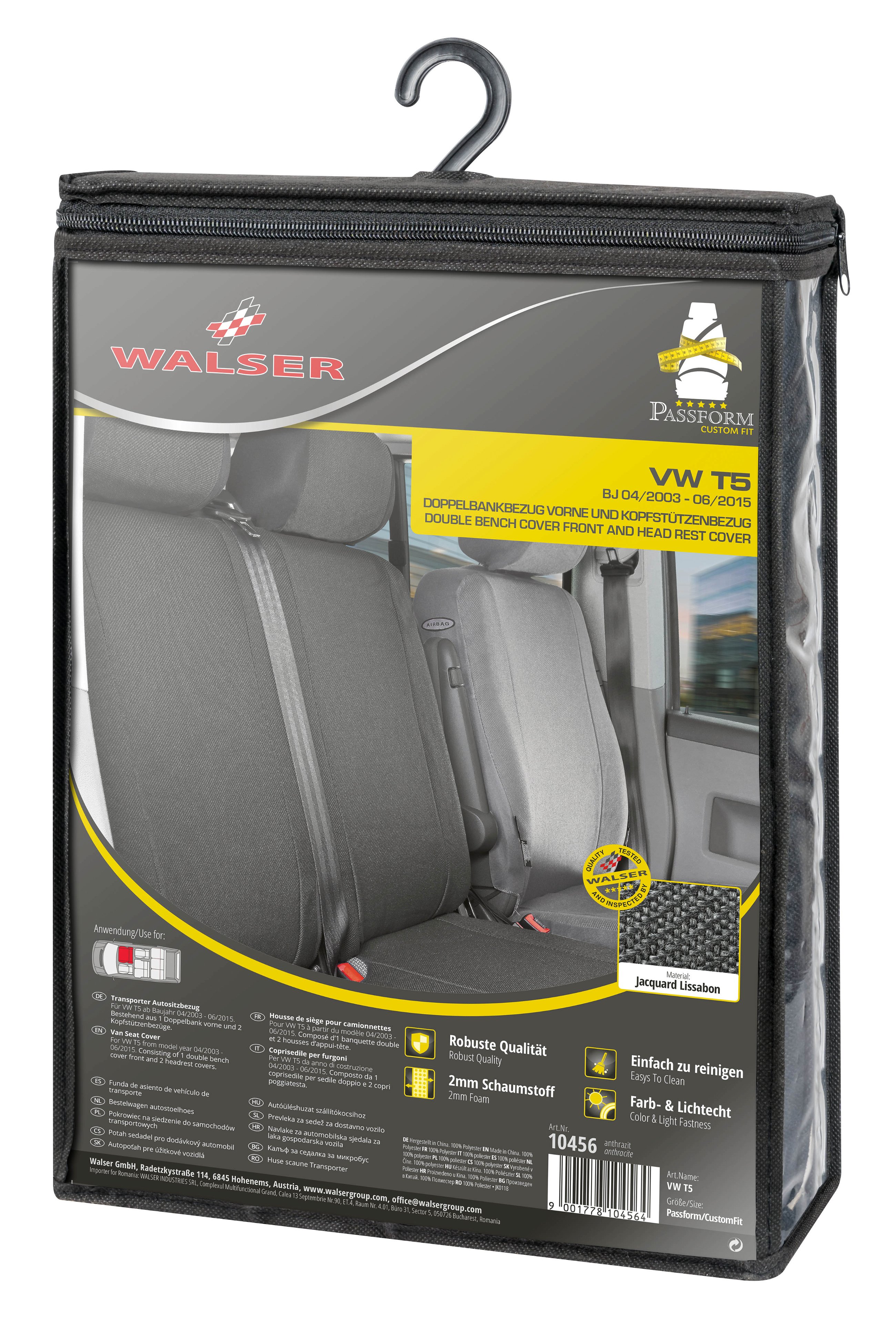 Autostoelhoes Transporter Fit van stof antraciet geschikt voor VW T5, Dubbele Bank front
