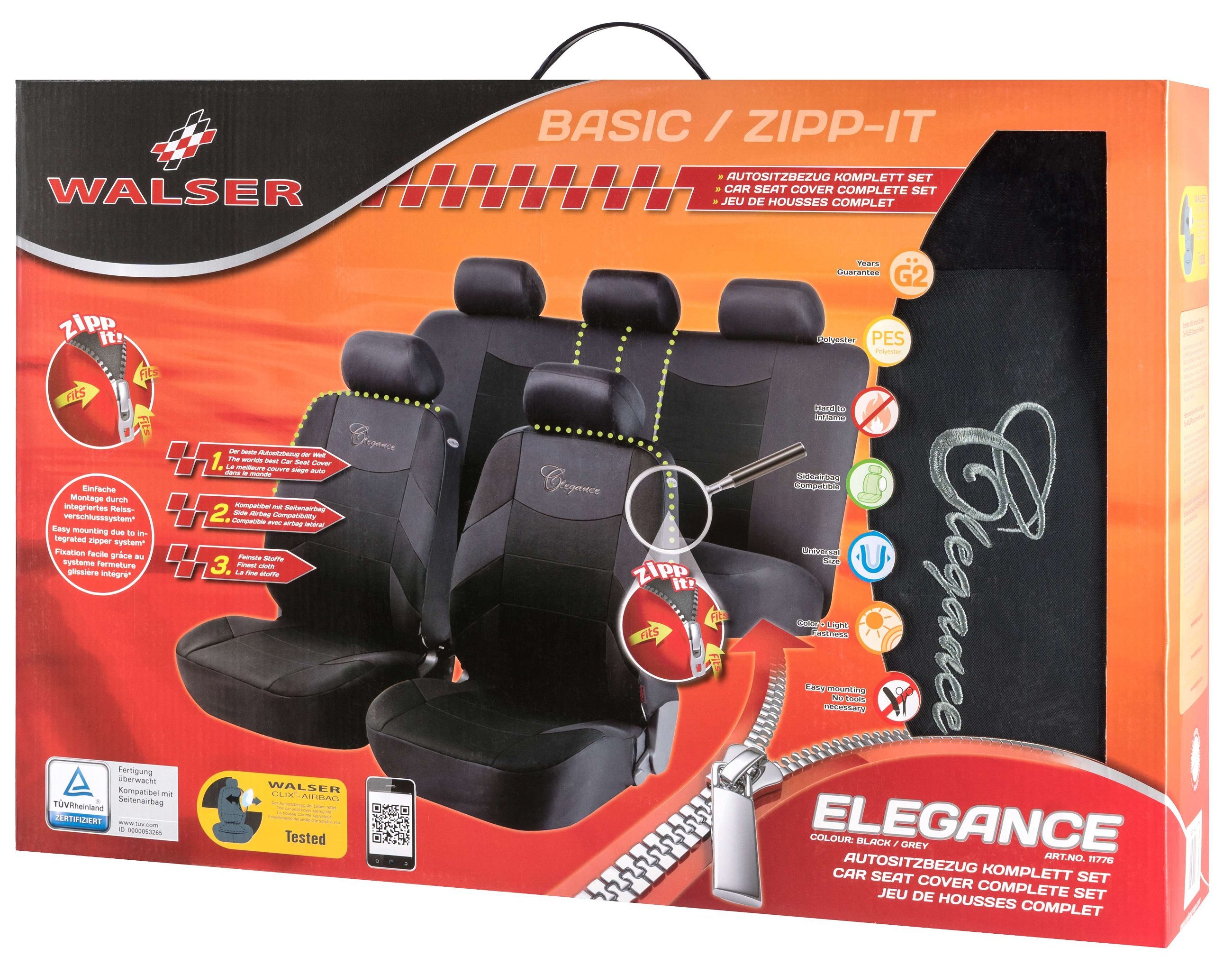 Auto stoelbeschermer Elegance met Zipper ZIPP-IT, Autostoelhoes set, 2 stoelbeschermer voor voorstoel, 1 stoelbeschermer voor achterbank zwart/grijs