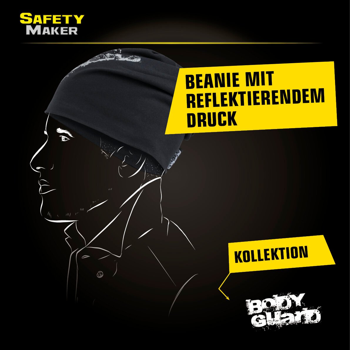 Wende Beanie, Mütze, Sportmütze mit reflektierendem Druck schwarz-silber