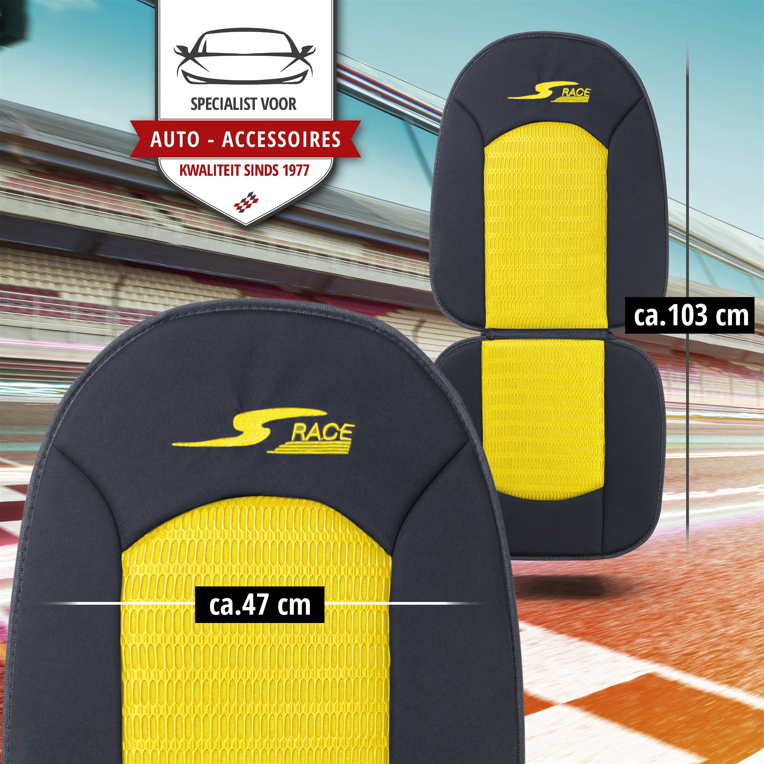 Autostoelhoes, bekleding S-Race in geel/zwart