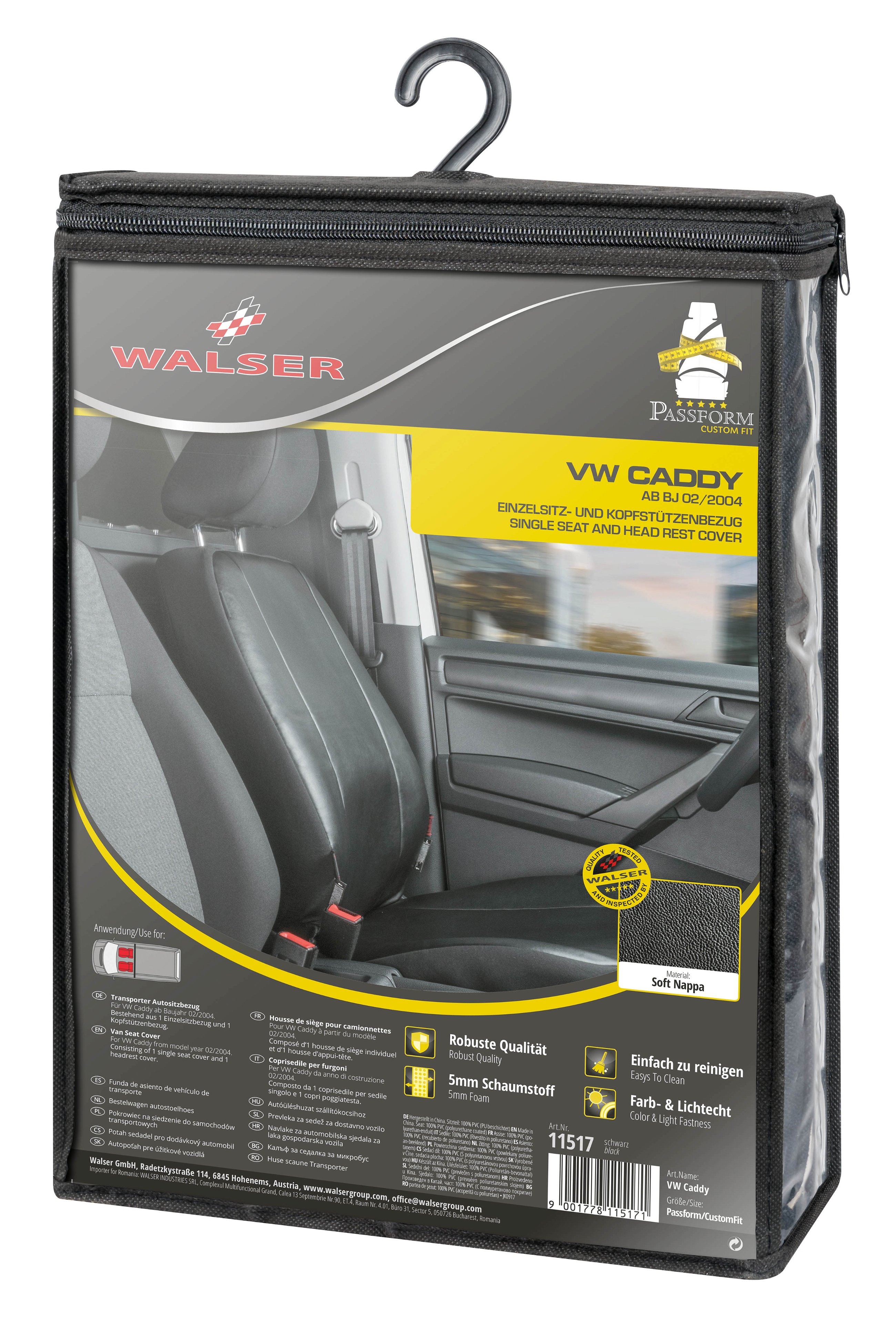 Autostoelhoes Transporter Fit Kunstleer antraciet geschikt voor VW Caddy, Enkele zetel front