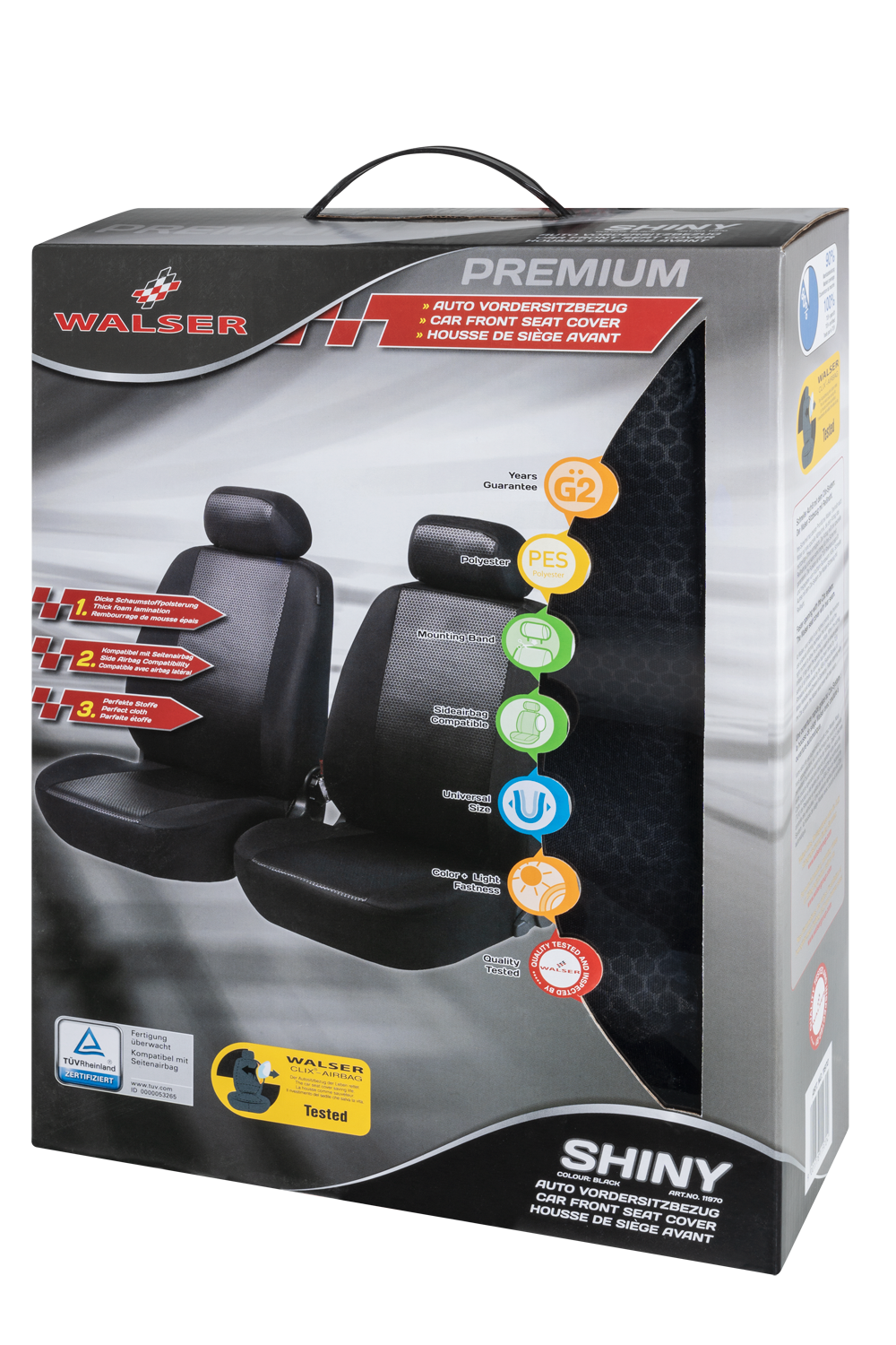 Autostoelhoezen Shiny Premium, 2 hoezen voor voorstoelen in zwart/grijs