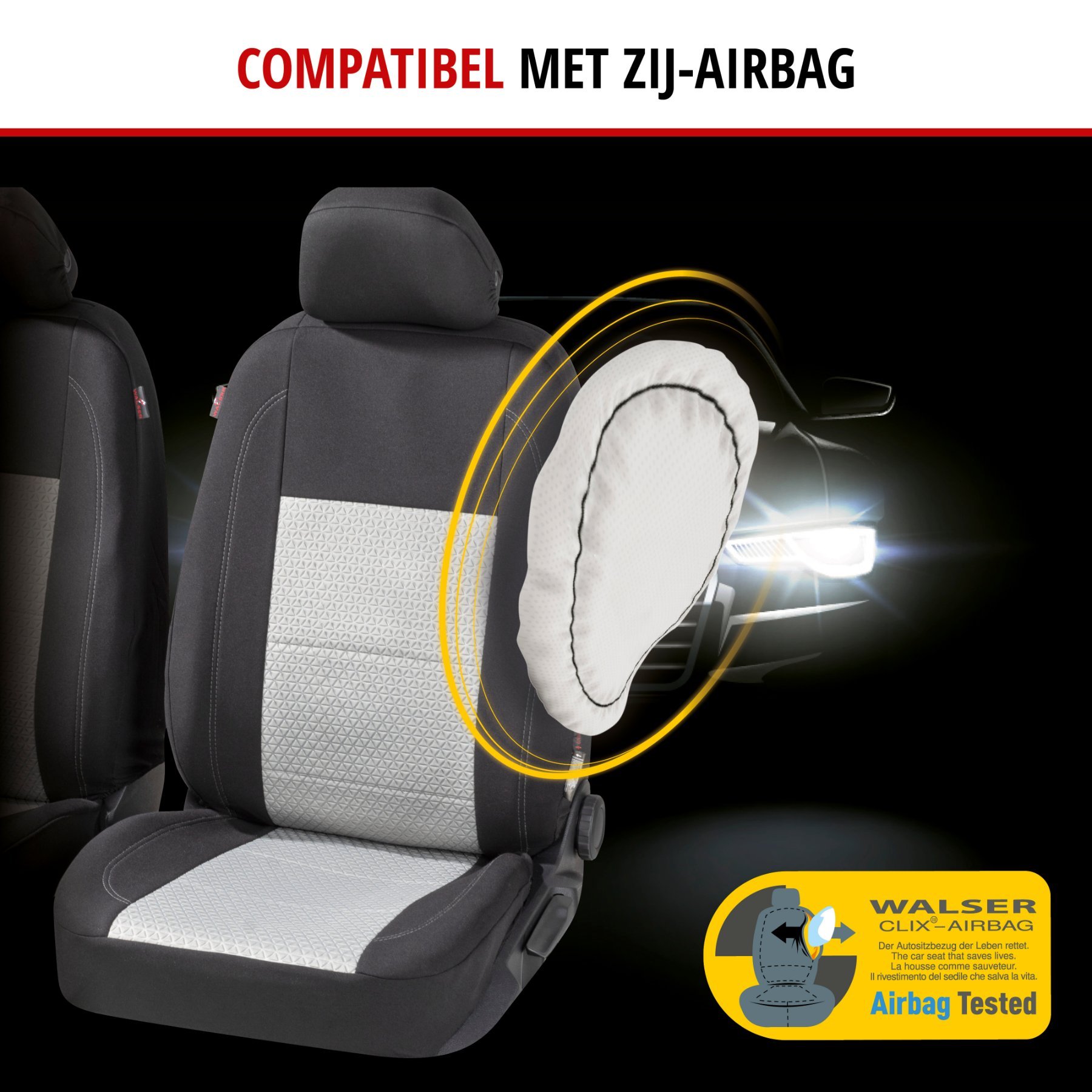 Premium Autostoelbekleding Avignon met Zipper ZIPP-IT, Autostoelhoes set, 2 stoelbeschermer voor voorstoel, 1 stoelbeschermer voor achterbank zwart/silber